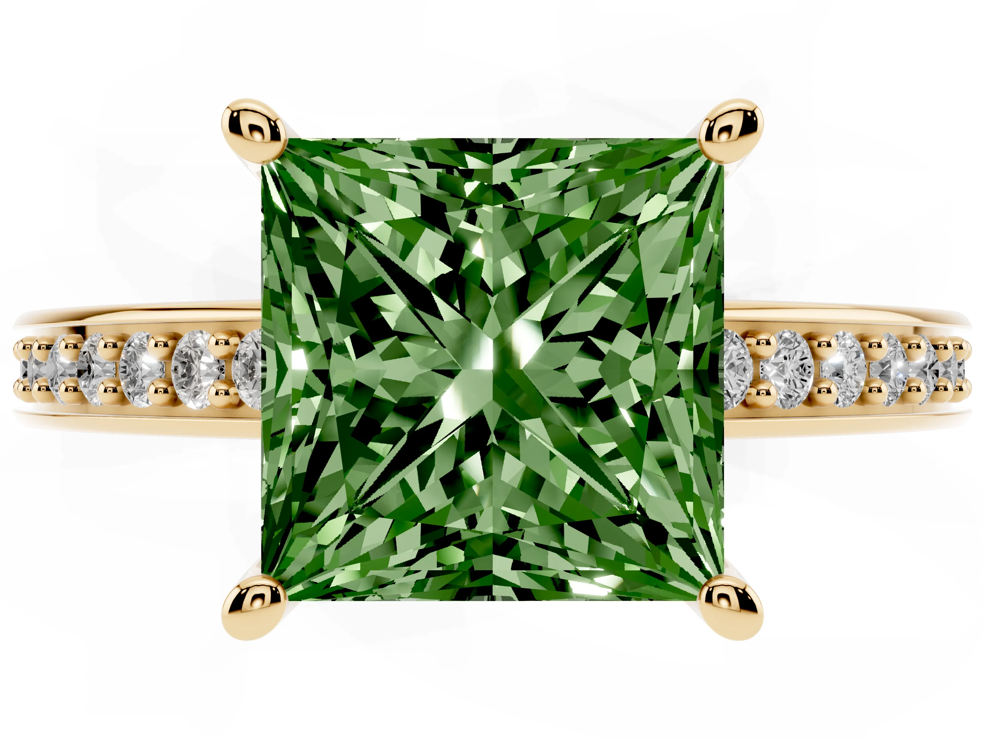 Fancy Green Princess Cut Diamond Pavé Band Prong Set Solitaire Ring Set in Yellow gold