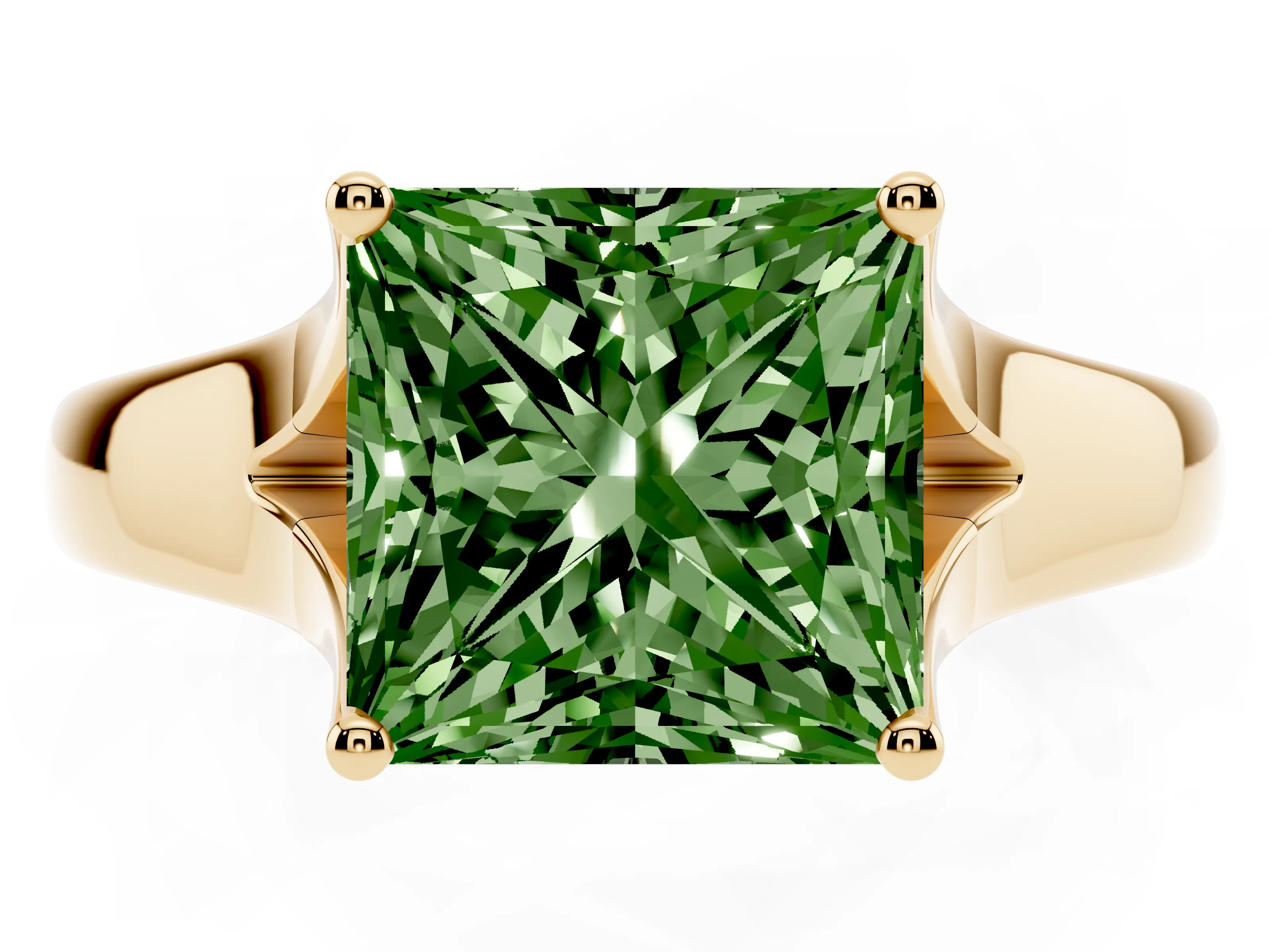 Fancy Green Princess Cut Diamond Solitaire Ring Set in Yellow gold with Arched Cathedral Band and Prong Setting