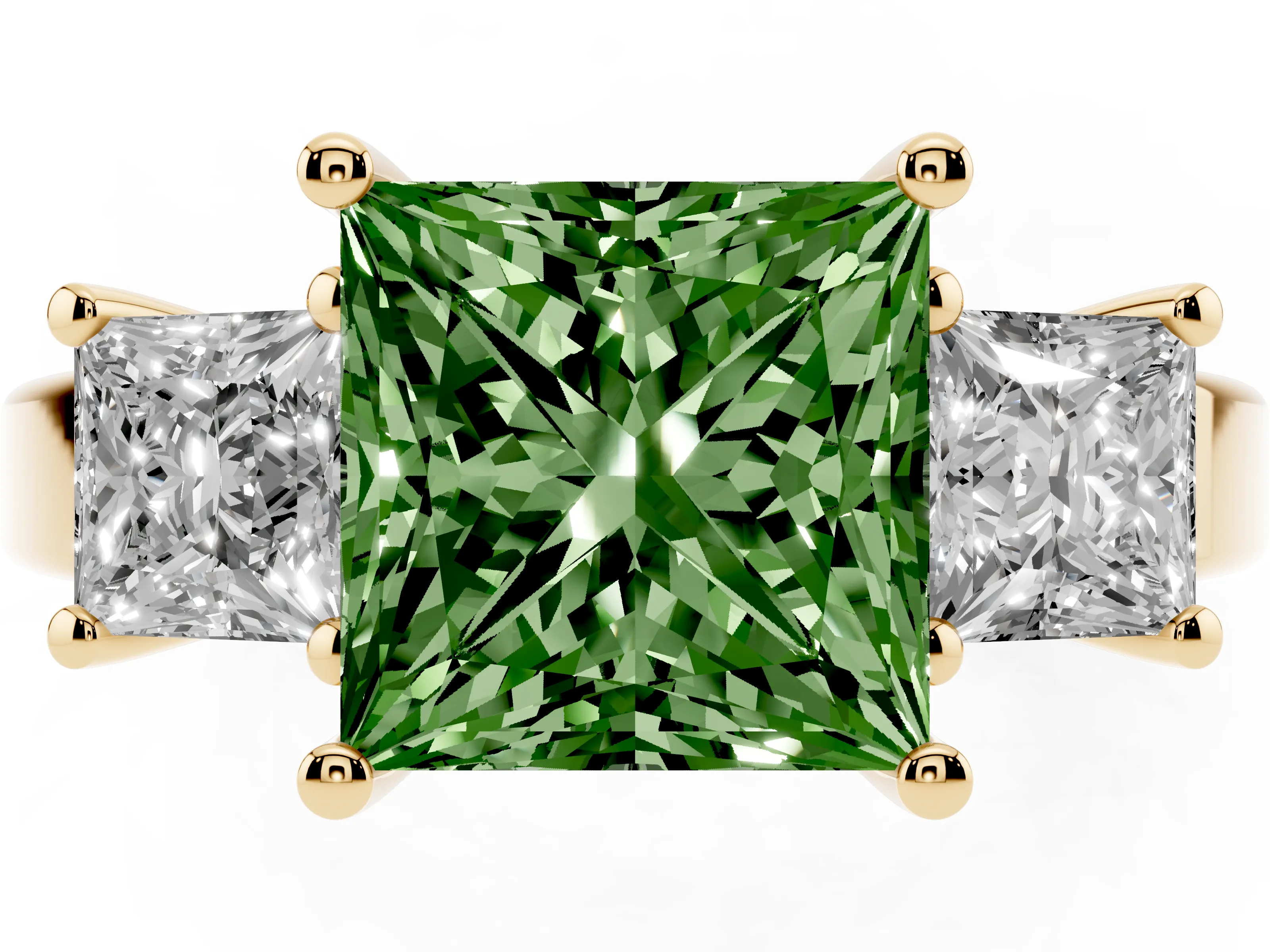 Fancy Green Three-Stone Princess Cut Diamond Solitaire Ring Set in Yellow gold with Prong Setting