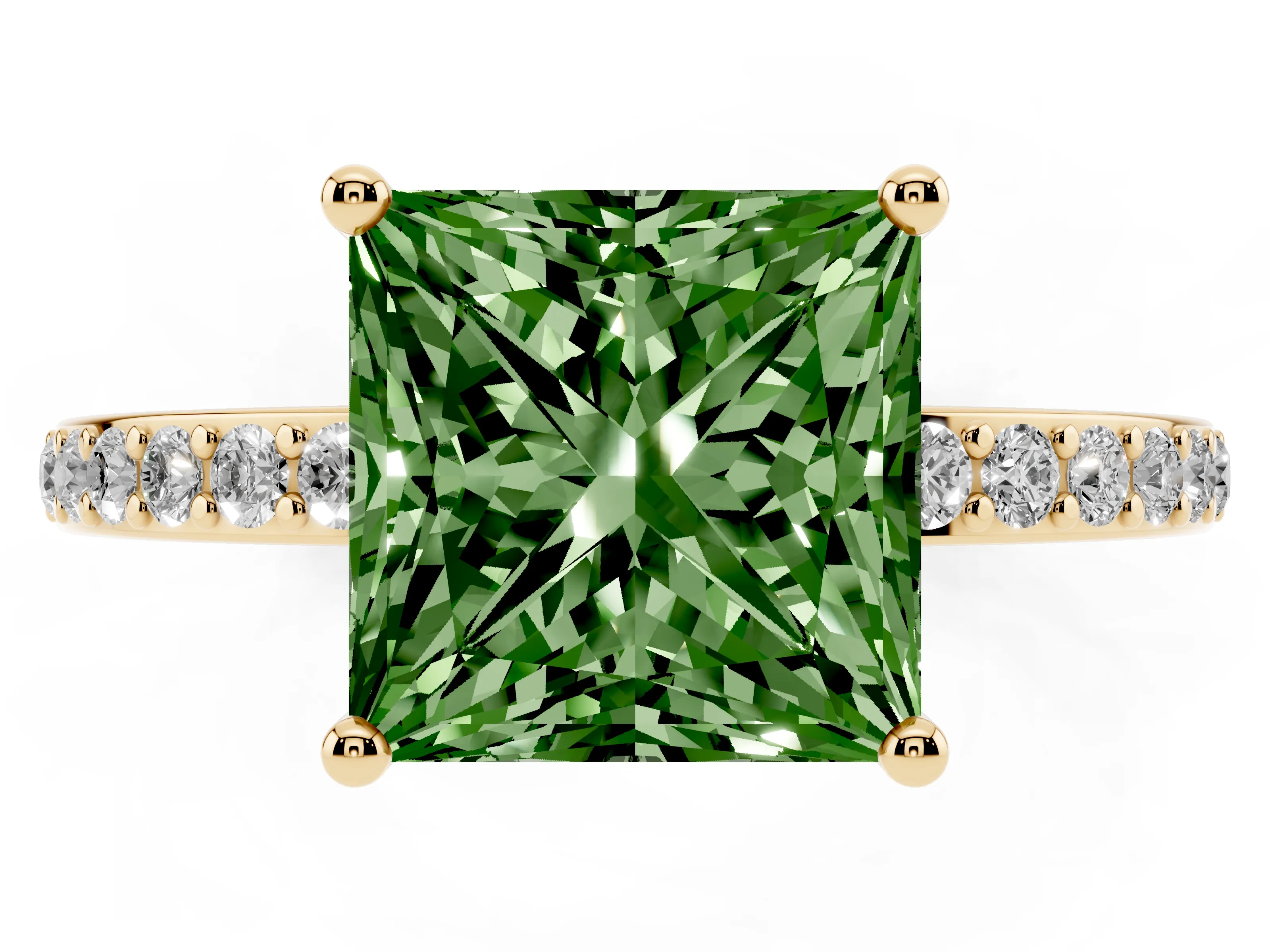 Fancy Green Princess Cut Diamond Pavé Band Ring Set in Yellow gold with Prong-Set Center Stone