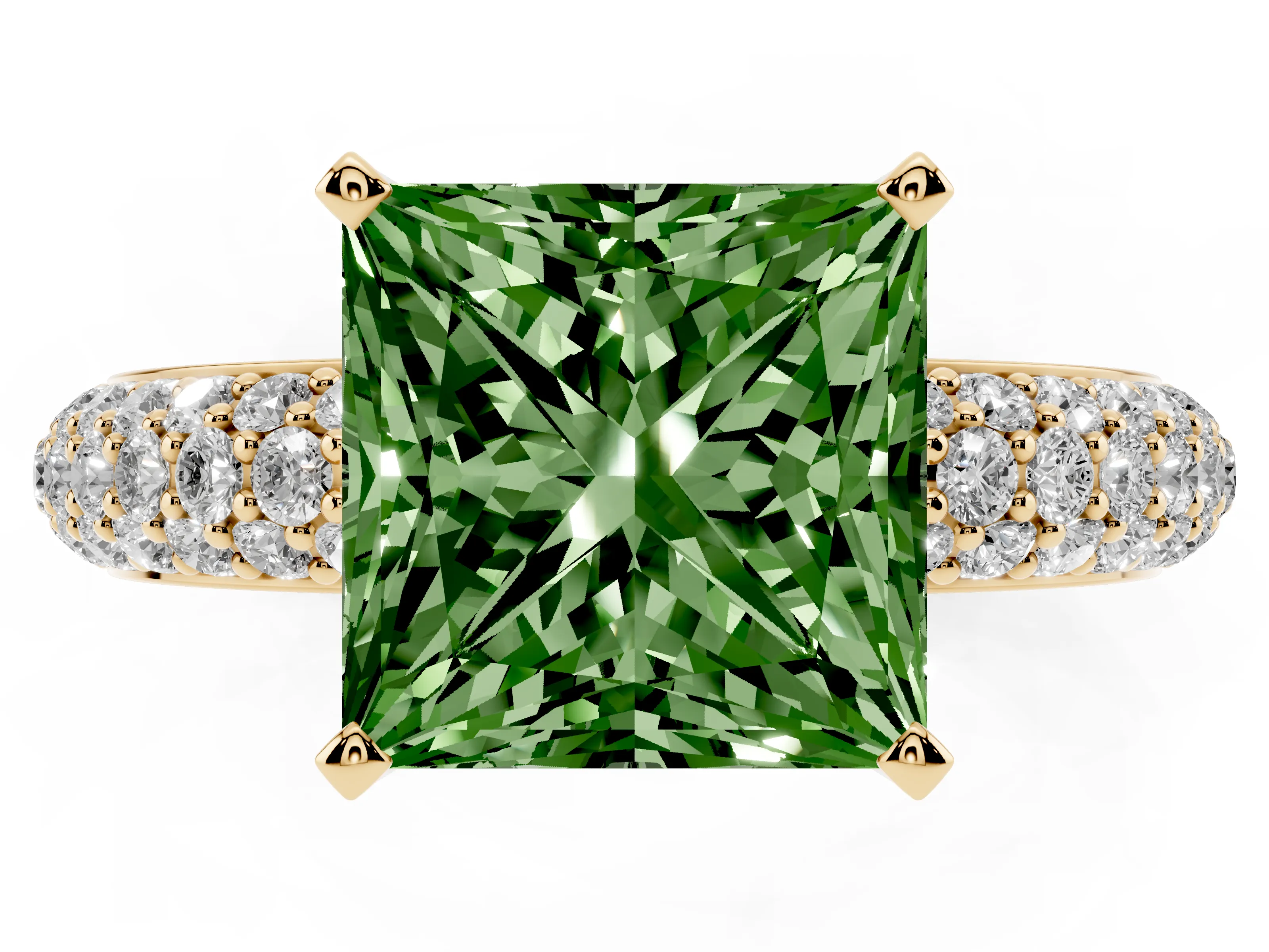 Fancy Green Princess Cut Diamond Solitaire Ring Set in Yellow gold with Prong Setting and Pavé-Set Band