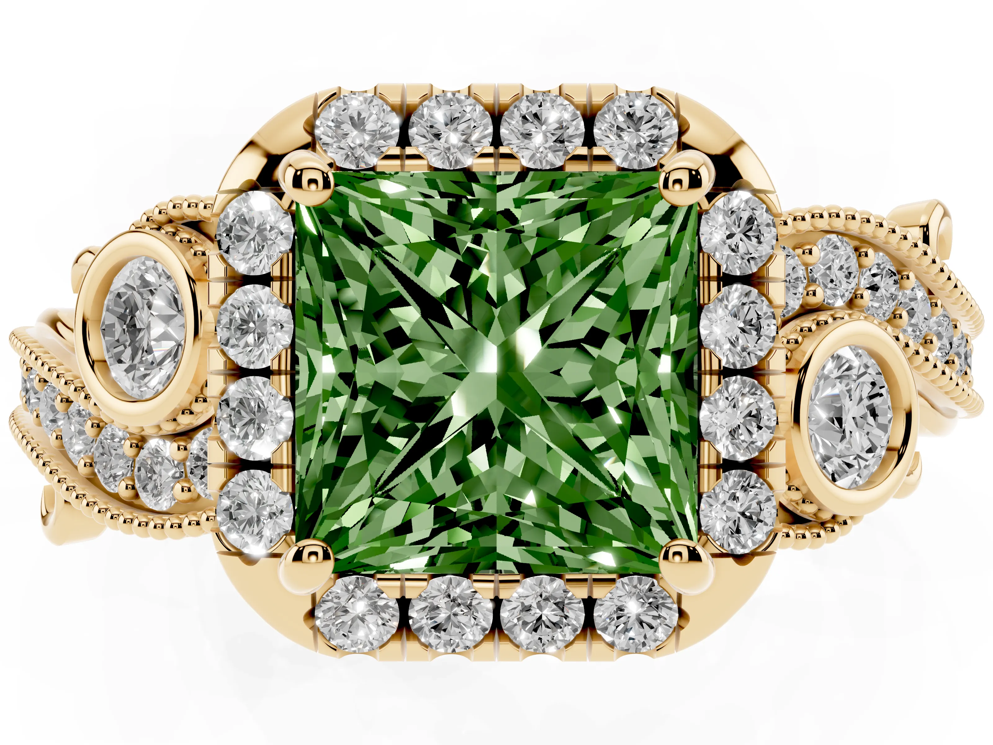 Fancy Green Princess Cut Diamond Halo Split Shank Ring Set in Yellow gold with Milgrain and Bezel Accents