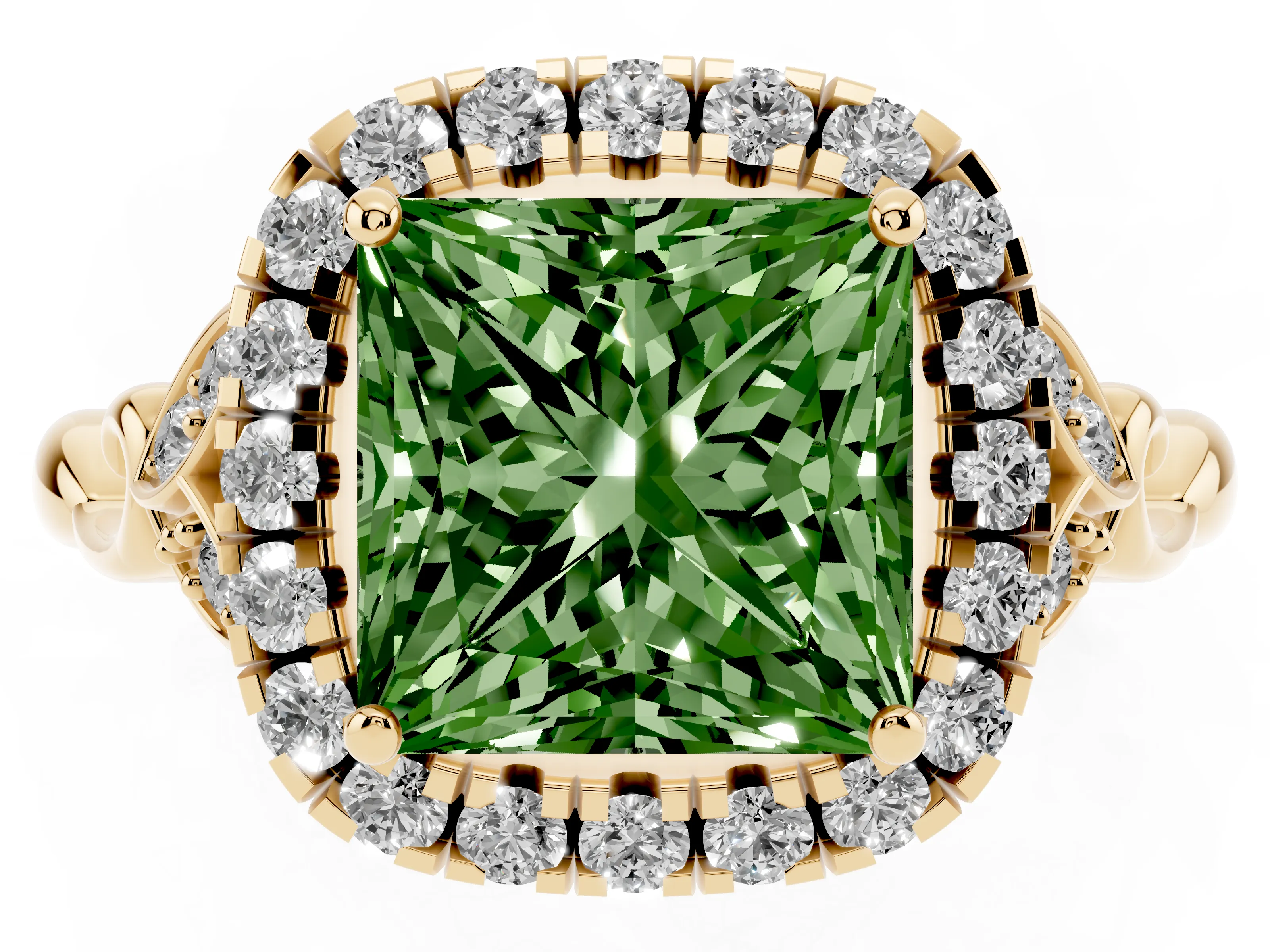 Fancy Green Princess Cut Diamond Halo Engagement Ring Set in Yellow gold with Vintage-Inspired Band and Prong Setting
