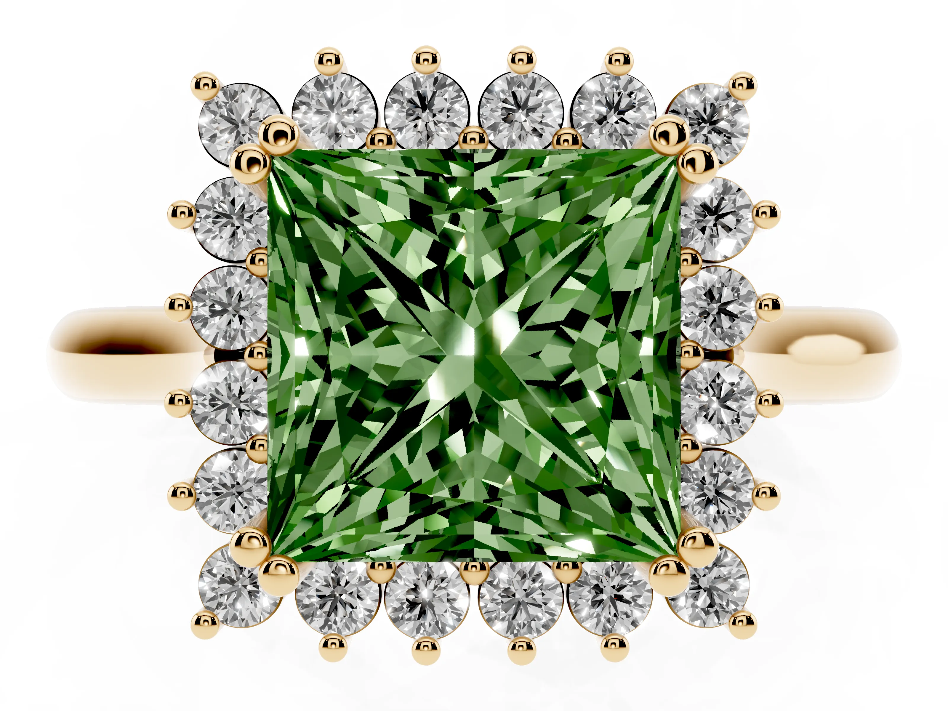 Fancy Green Princess Cut Diamond Halo Ring Set in Yellow gold with Plain Solitaire Band and Prong Setting