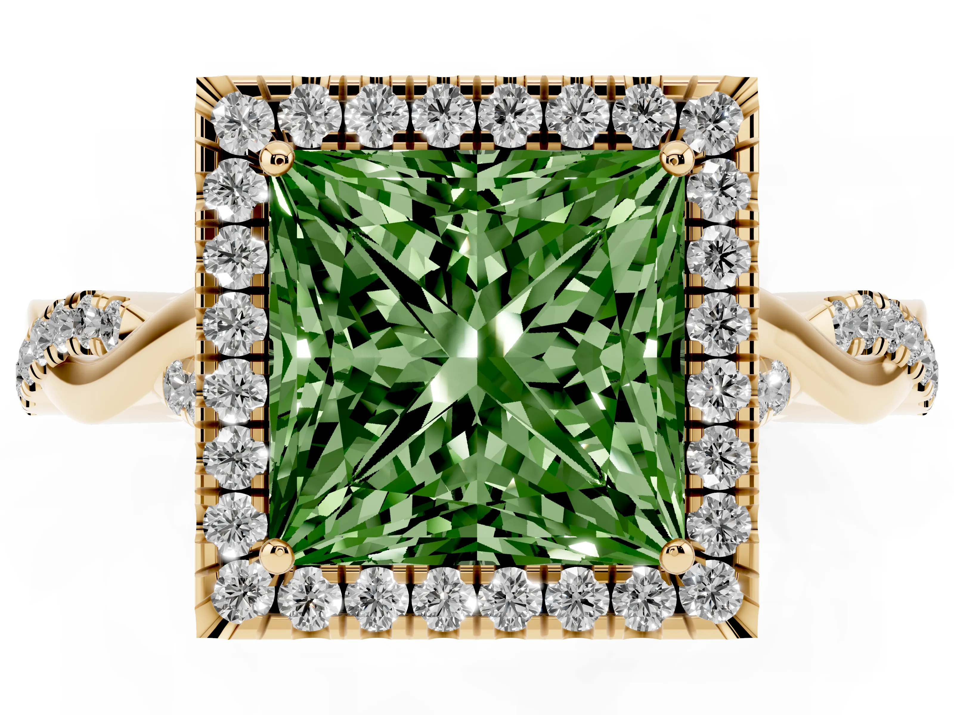 Fancy Green Princess Cut Diamond Halo Twist Band Solitaire Ring Set in Yellow gold with Prong Setting