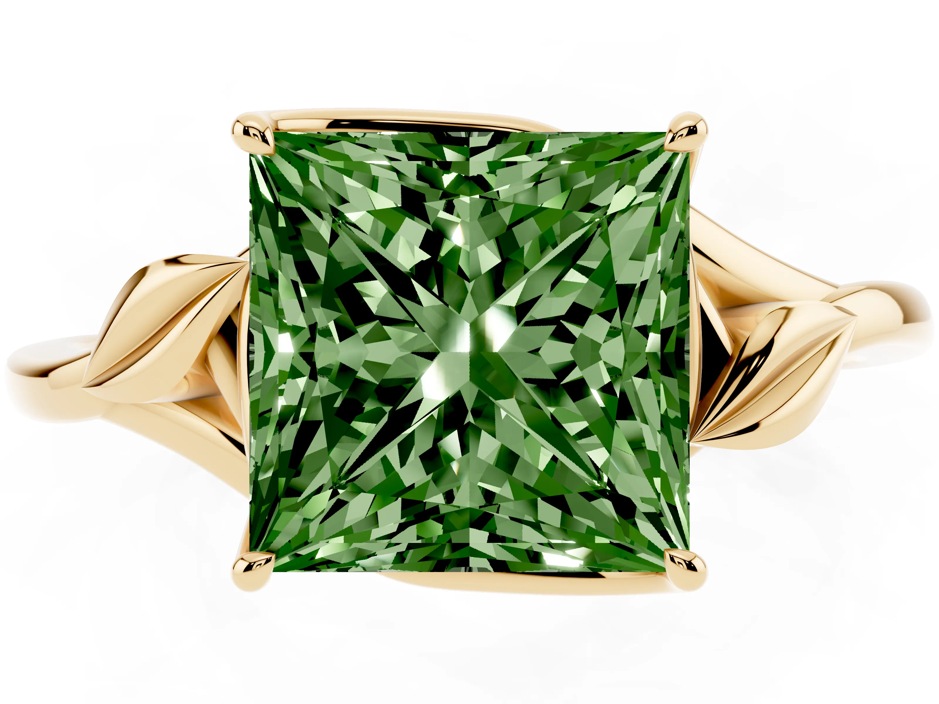 Fancy Green Princess Cut Diamond Solitaire Ring Set in Yellow gold with Polished Twist Band