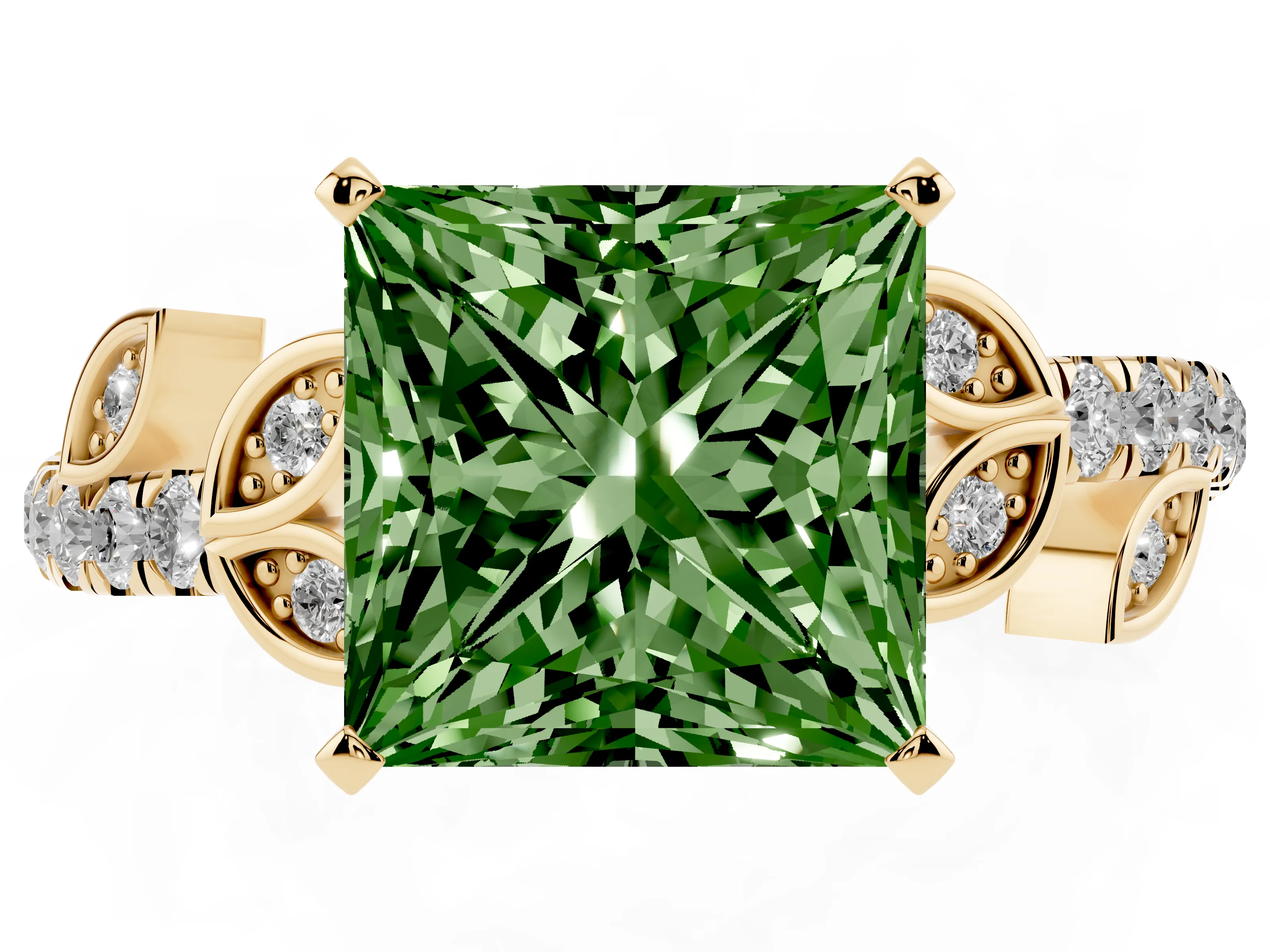 Fancy Green Princess Cut Diamond Solitaire Leaf-Inspired Ring Set in Yellow gold with Pavé Band and Prong Setting