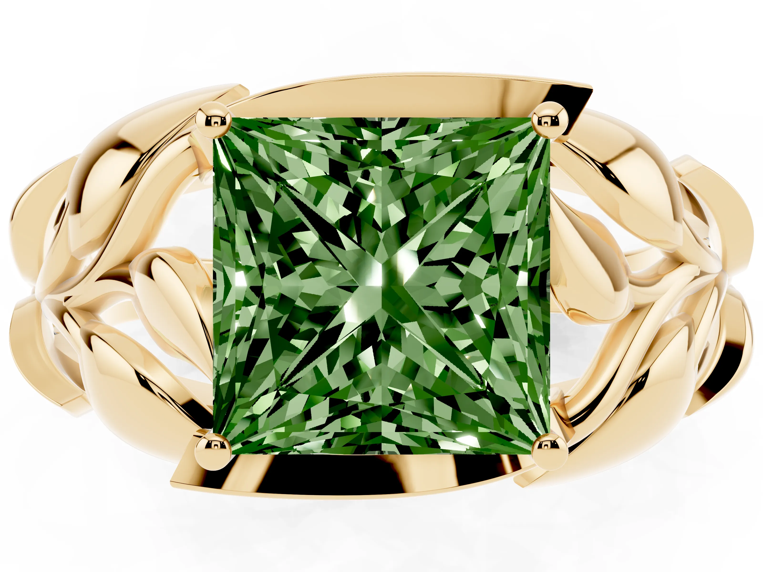Fancy Green Princess Cut Diamond Leaf-Inspired Engagement Ring Set in Yellow gold with Round Accents