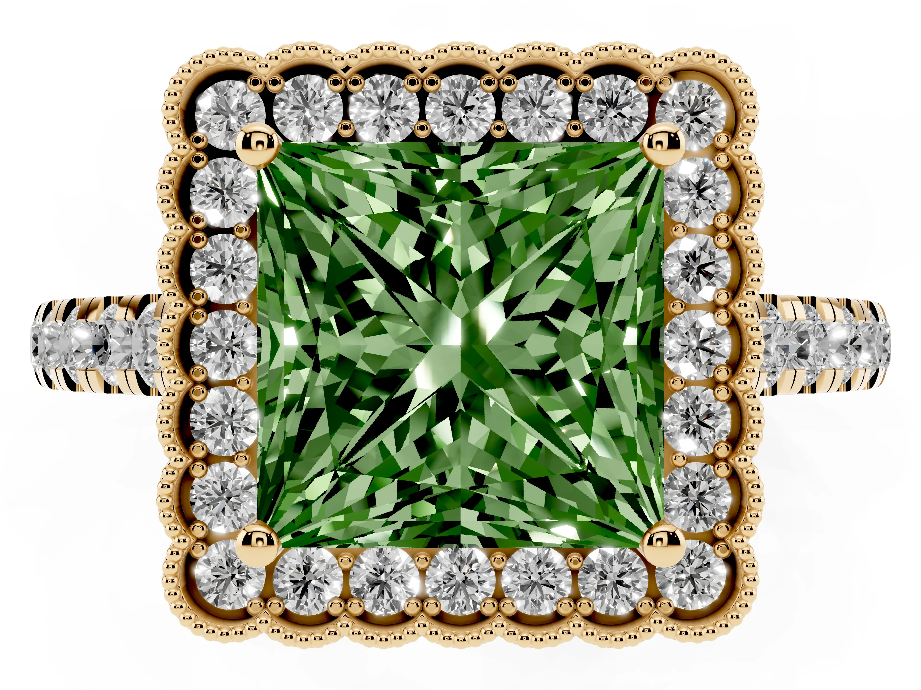 Fancy Green Princess Cut Diamond Milgrain Floral Halo Engagement Ring Set in Yellow gold with Pavé Band