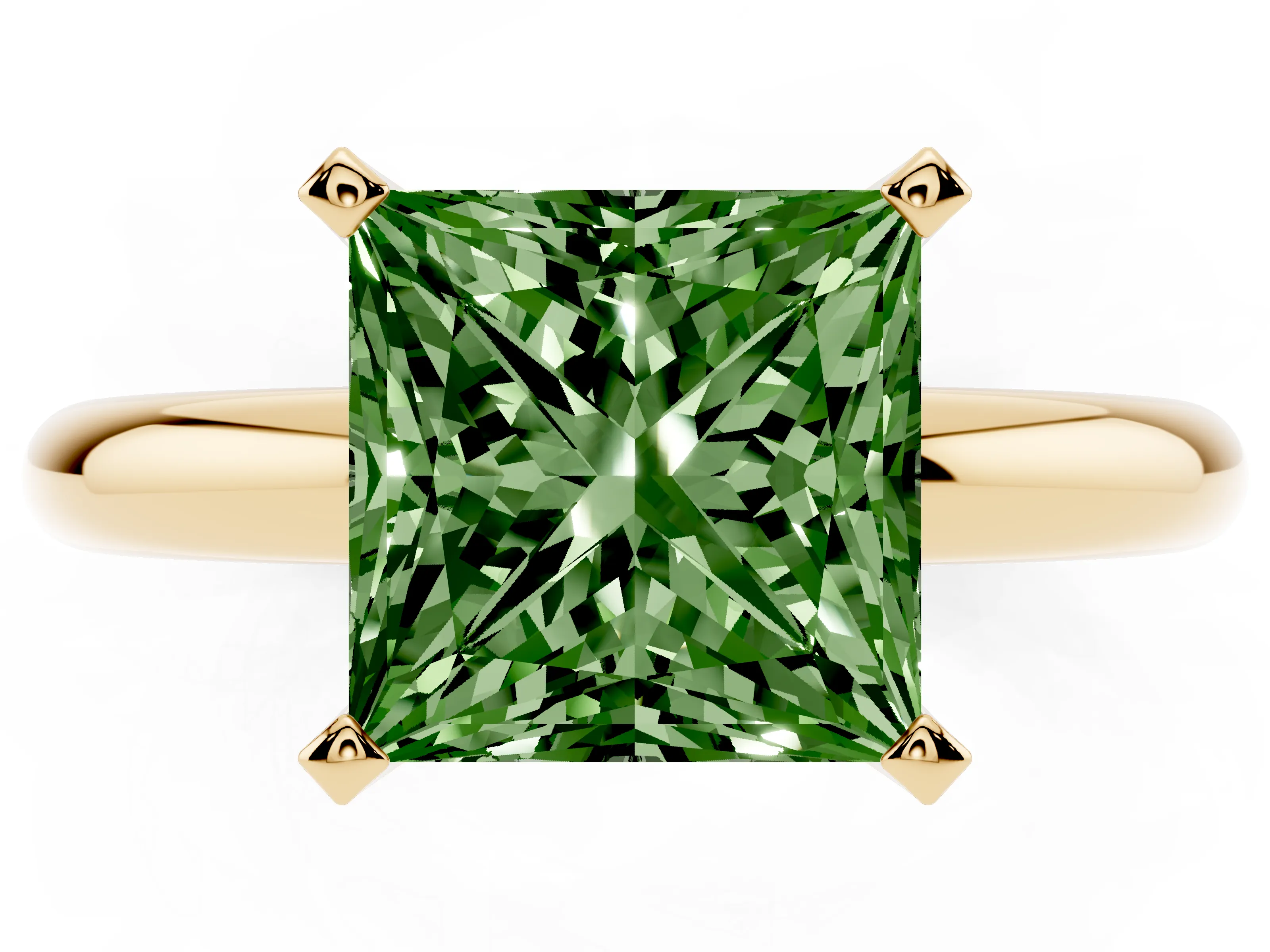 Fancy Green Princess Cut Diamond Solitaire Engagement Ring Set in Yellow gold with Round Band and Prong Setting