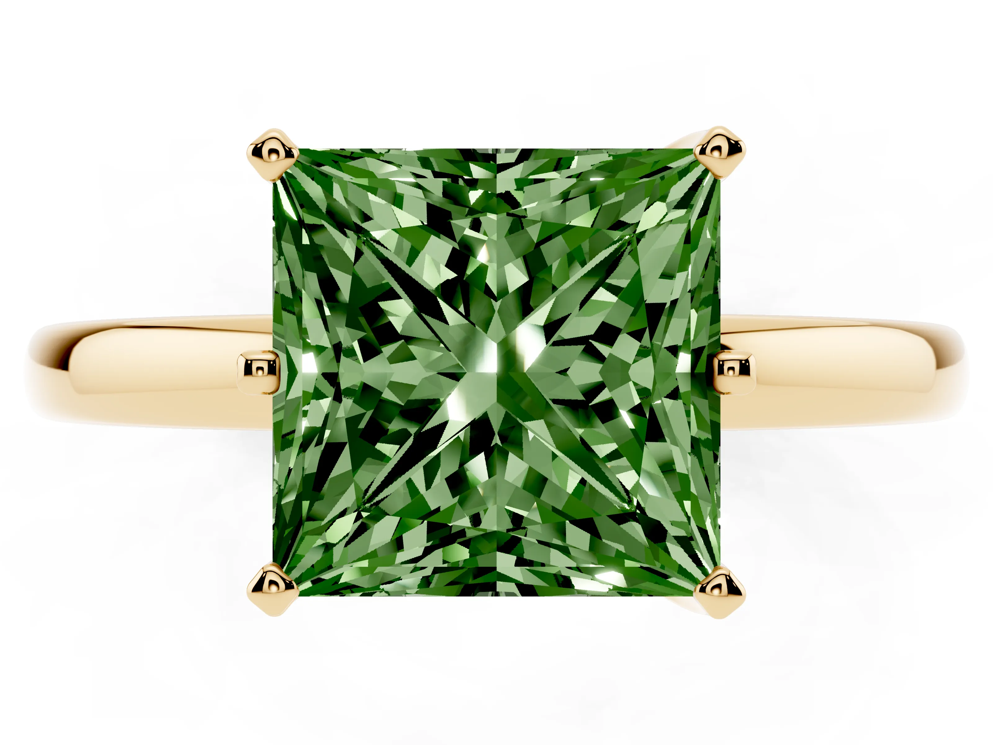 Fancy Green Princess Cut Diamond Solitaire Ring Set in Yellow gold with Raised Prong Setting on a Classic Band
