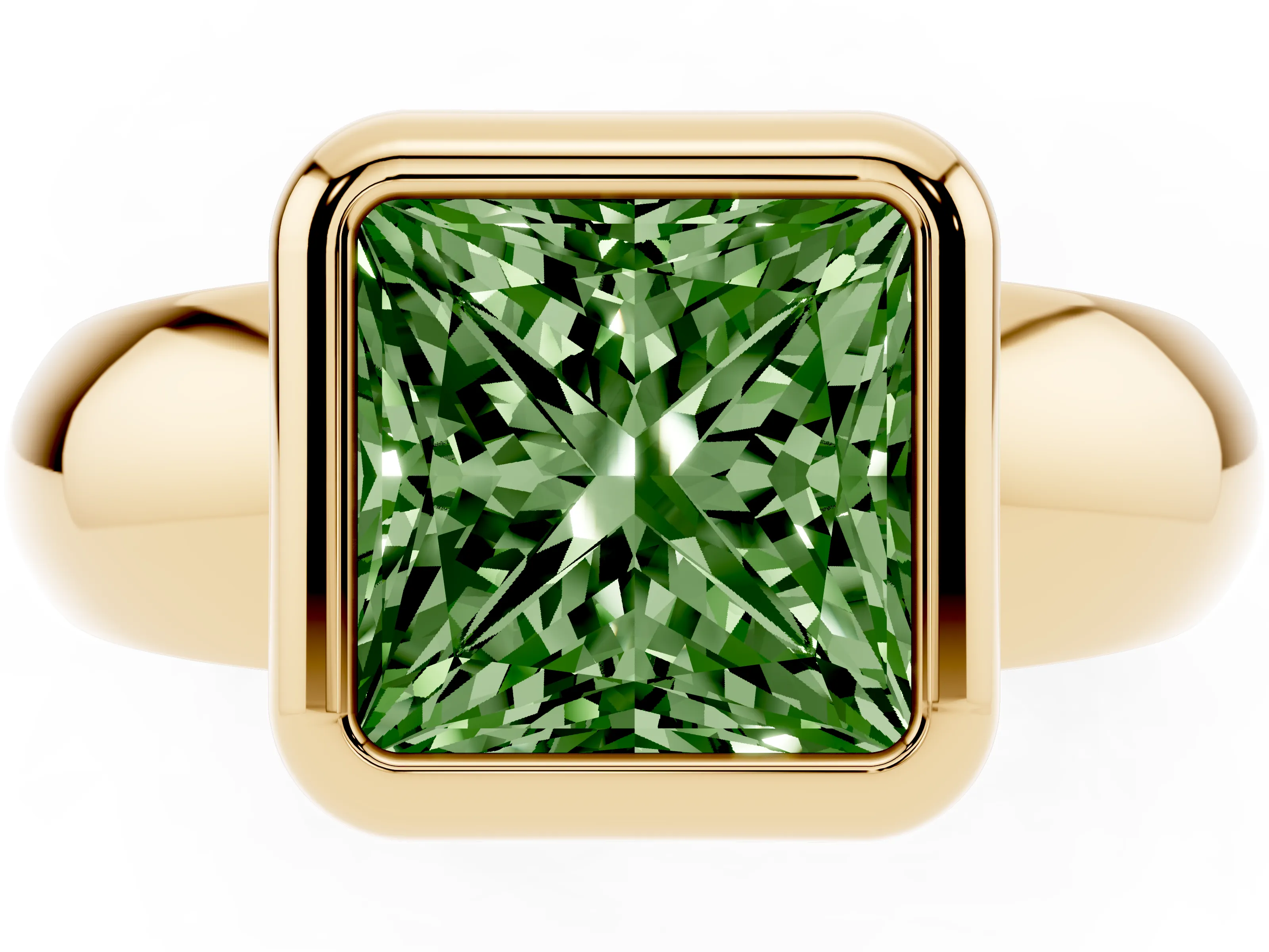 Fancy Green Bezel Set Princess Cut Diamond Solitaire Ring Set in Yellow gold with Wide Band