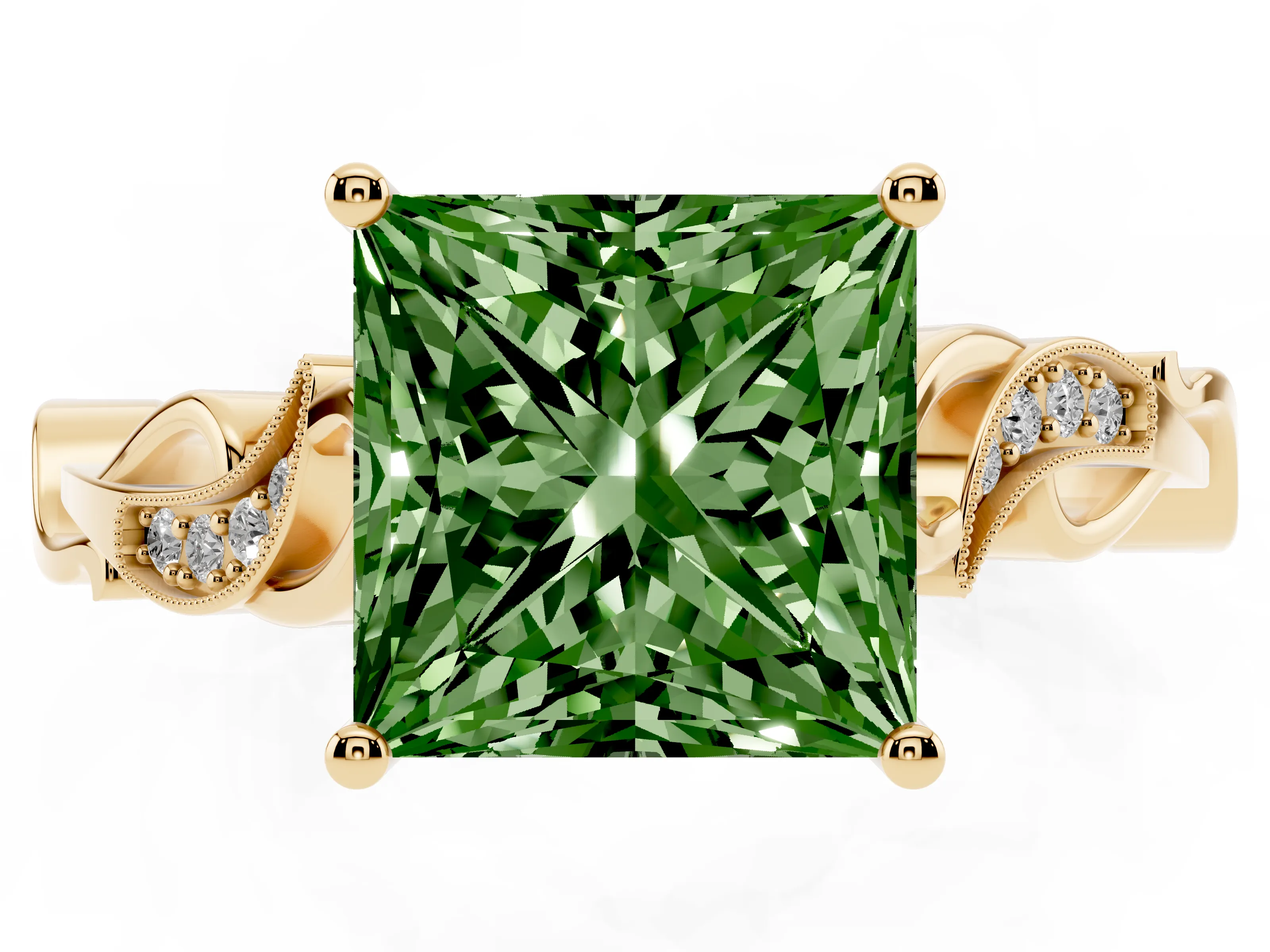 Fancy Green Princess Cut Diamond Vine Band Solitaire Ring Set in Yellow gold with Milgrain Prong Setting