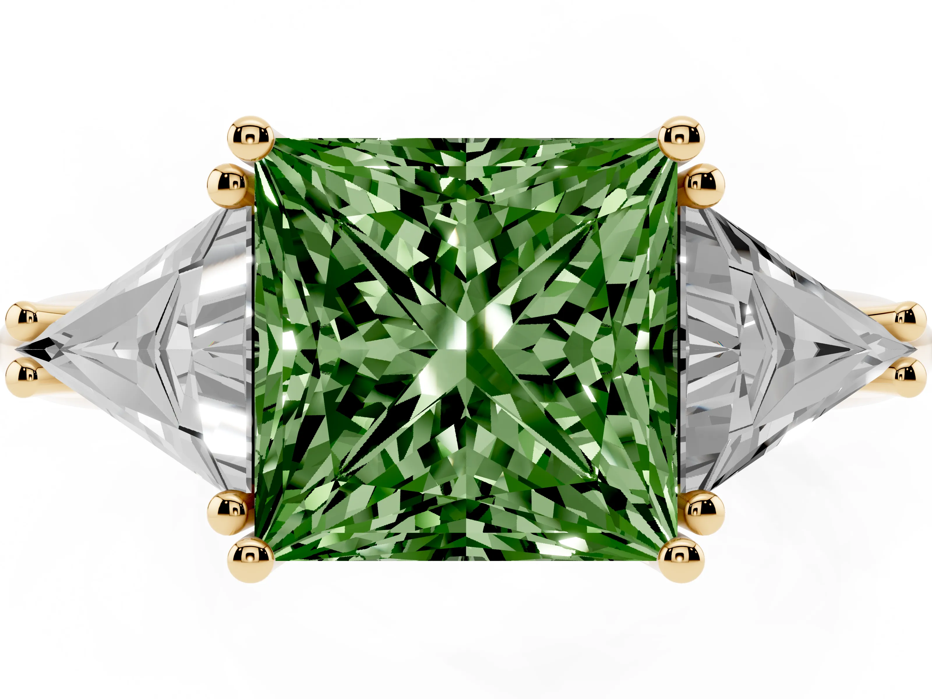 Fancy Green Princess Cut Diamond Three-Stone Engagement Ring Set in Yellow gold with Trillion Side Stones