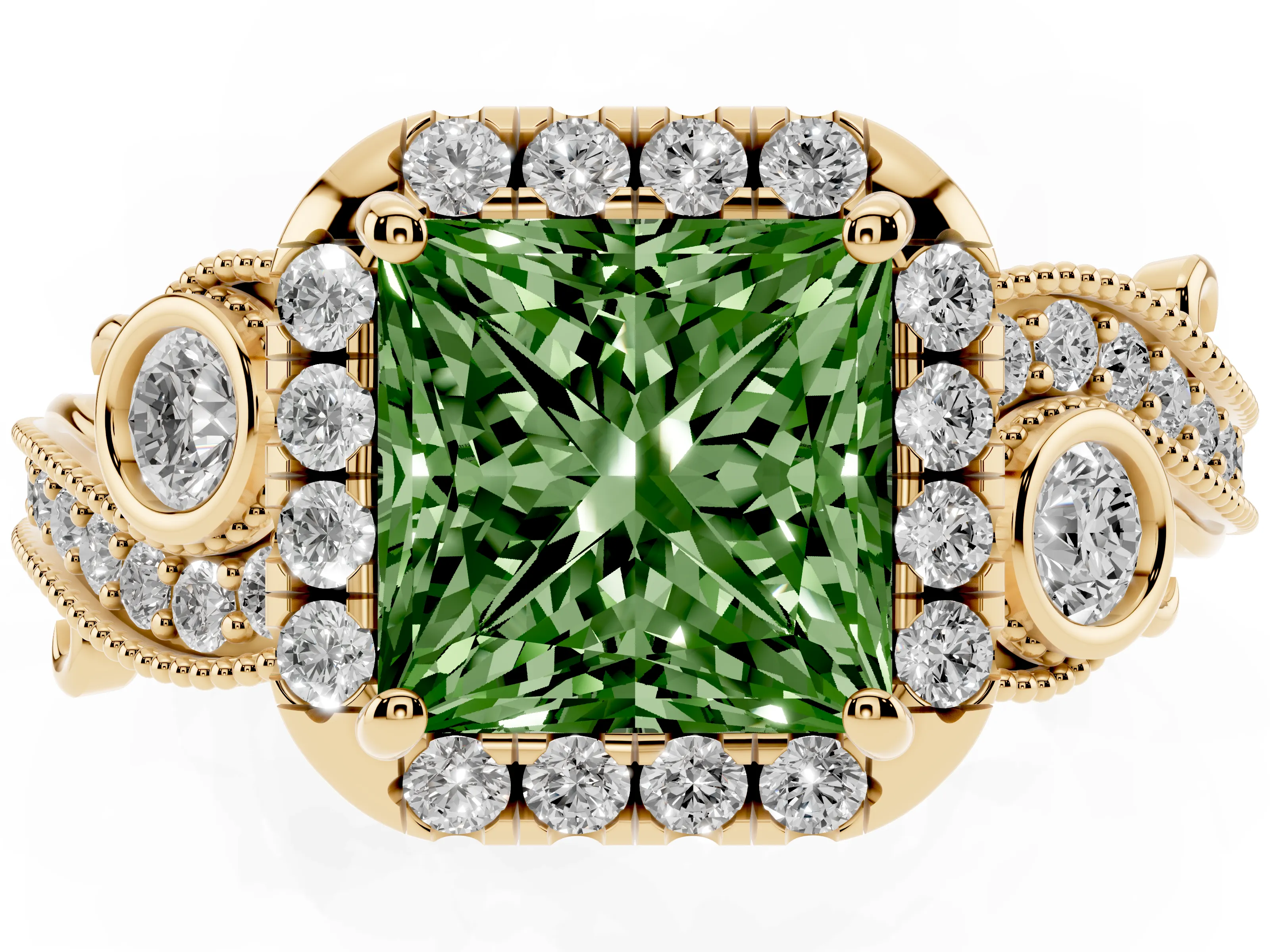 Fancy Green Princess Cut Diamond Halo Ring Set in Yellow gold with Milgrain Pavé Band and Prong Setting