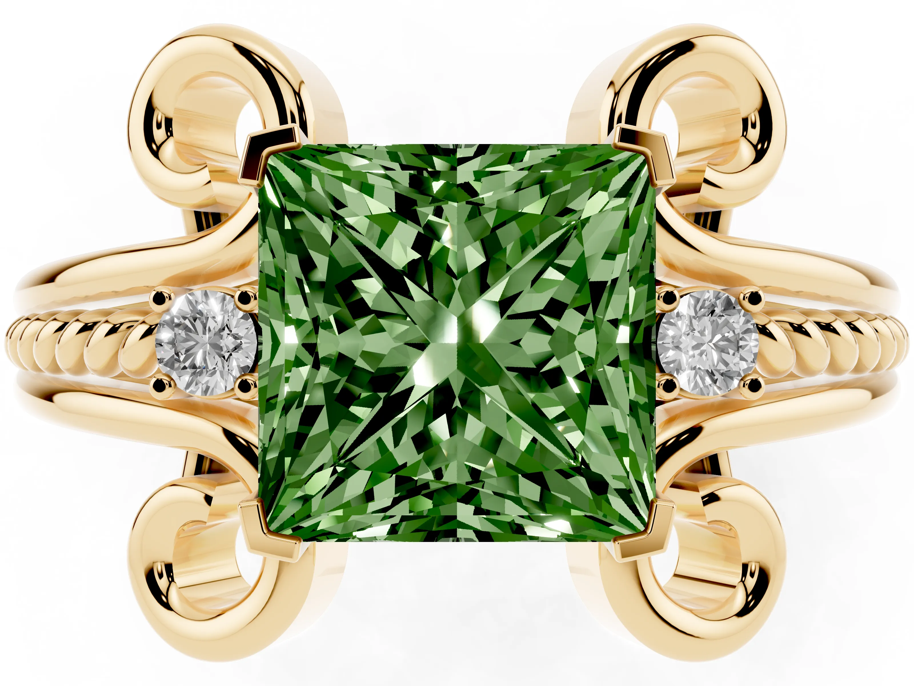 Fancy Green Princess Cut Diamond Twisted Band Solitaire Ring Set in Yellow gold with Scroll Prongs