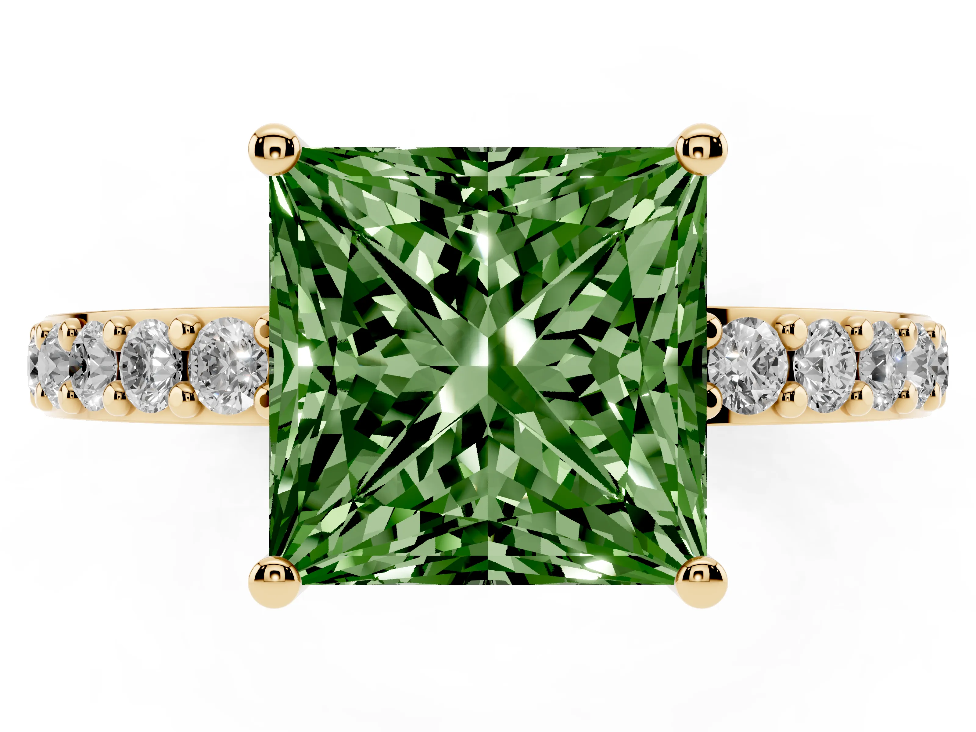 Fancy Green Princess Cut Diamond Solitaire Set in Yellow gold with Round Pavé Band and Prong Setting
