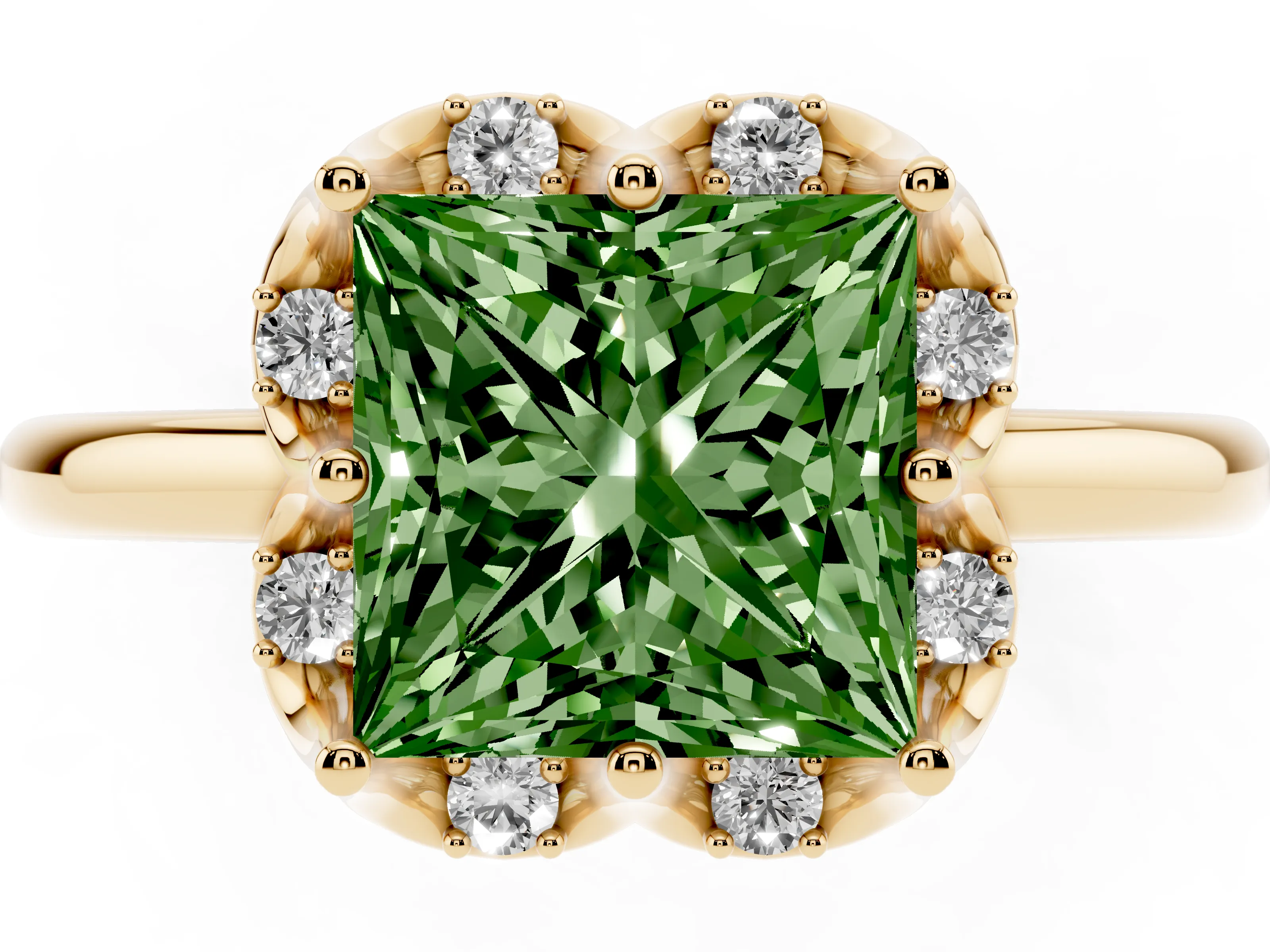 Fancy Green Princess Cut Diamond Round Cluster Halo Ring Set in Yellow gold with Solitaire Band and Prong Setting