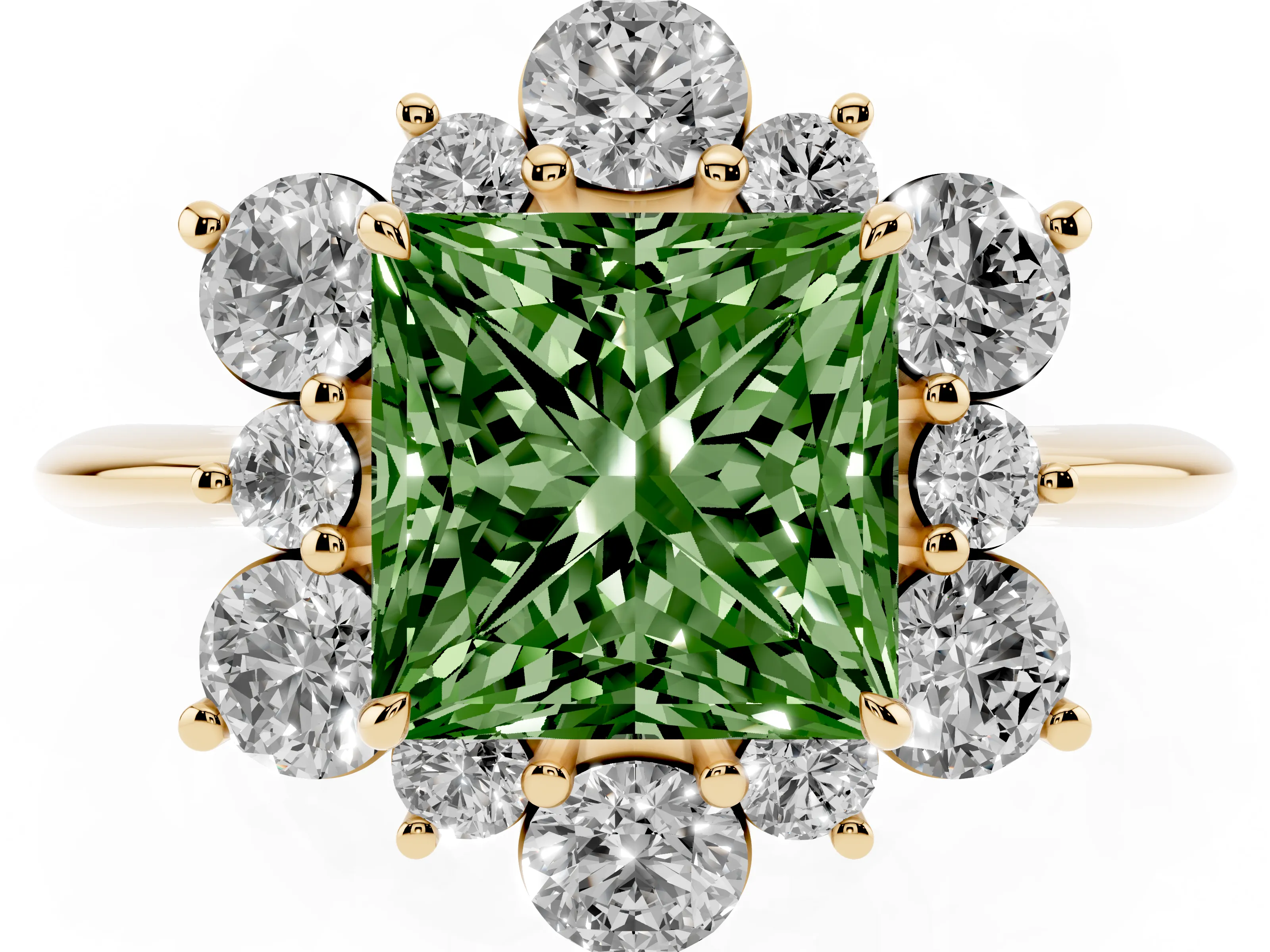 Fancy Green Princess Cut Diamond Cluster Halo Ring Set in Yellow gold with Solitaire Band and Prong Setting