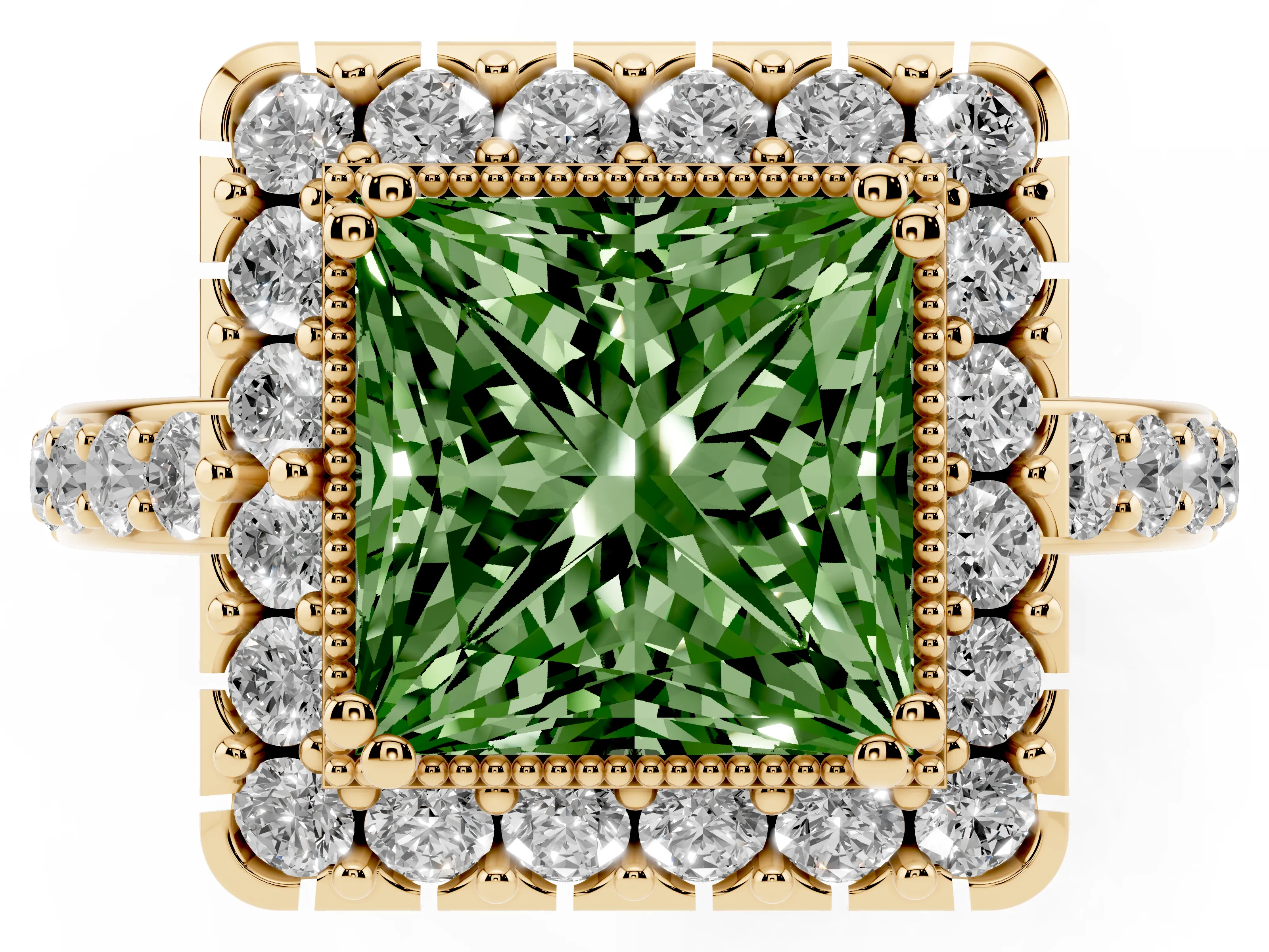 Fancy Green Princess Cut Diamond Halo Ring Set in Yellow gold with Pavé Shank and Prong Setting