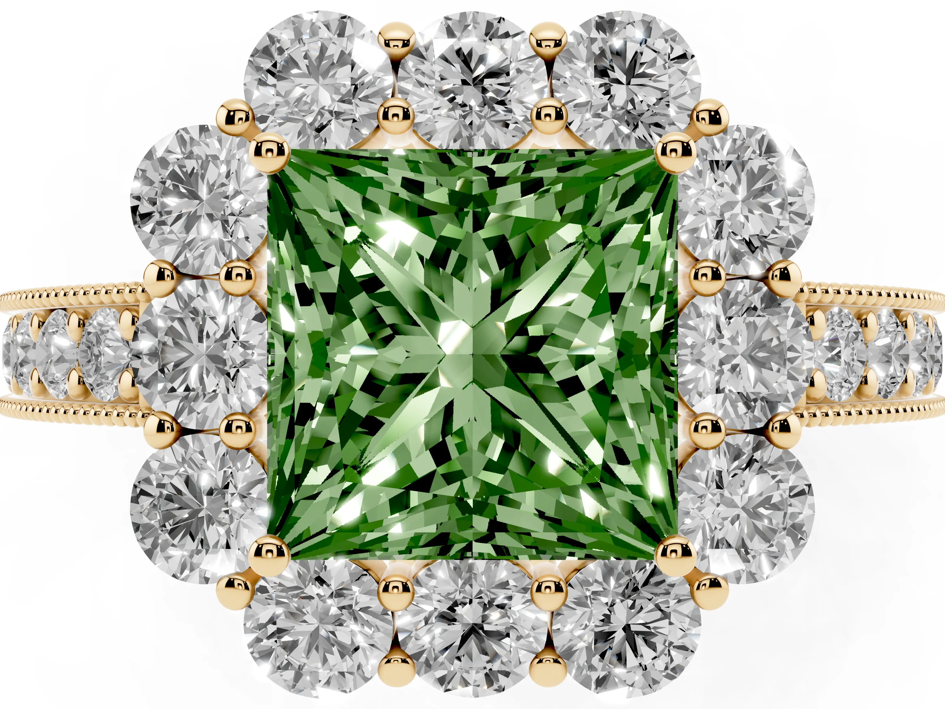 Fancy Green Princess Cut Diamond Halo Pavé Engagement Ring Set in Yellow gold with Milgrain Detailing