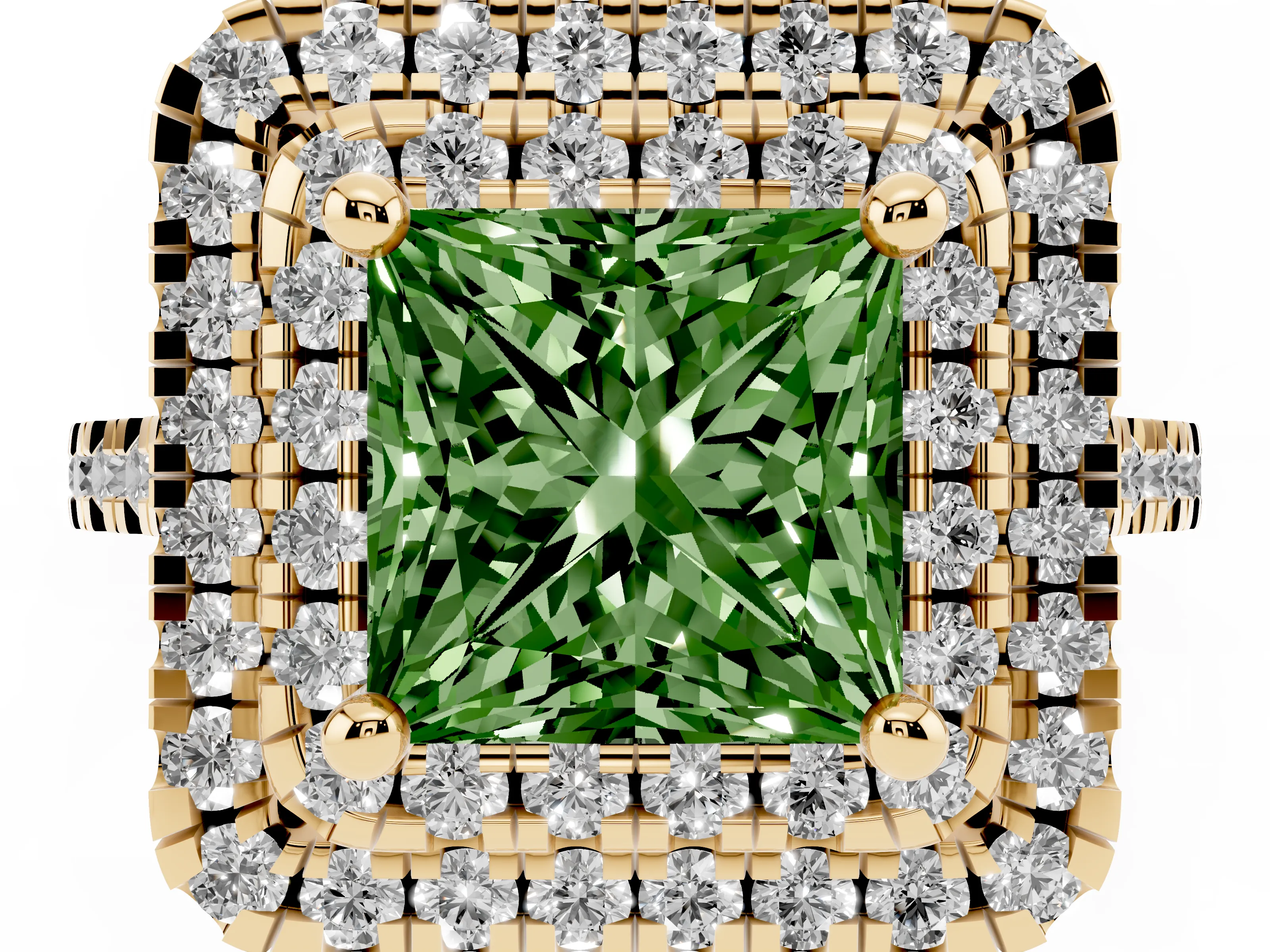 Fancy Green Princess Cut Diamond Double Halo Statement Ring Set in Yellow gold with Pavé Band