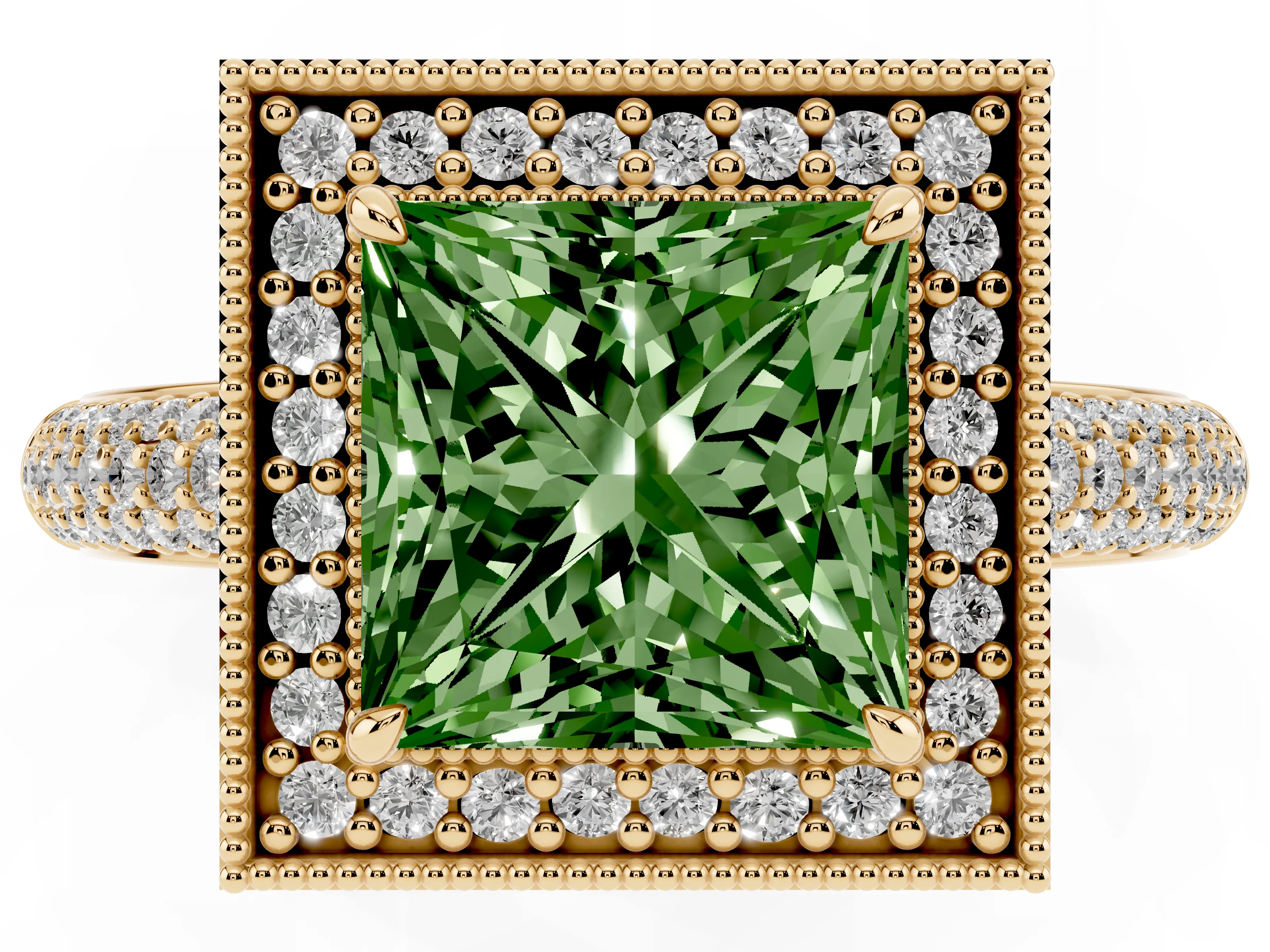 Fancy Green Princess Cut Diamond Halo Pavé Band Set in Yellow gold with Prong Setting