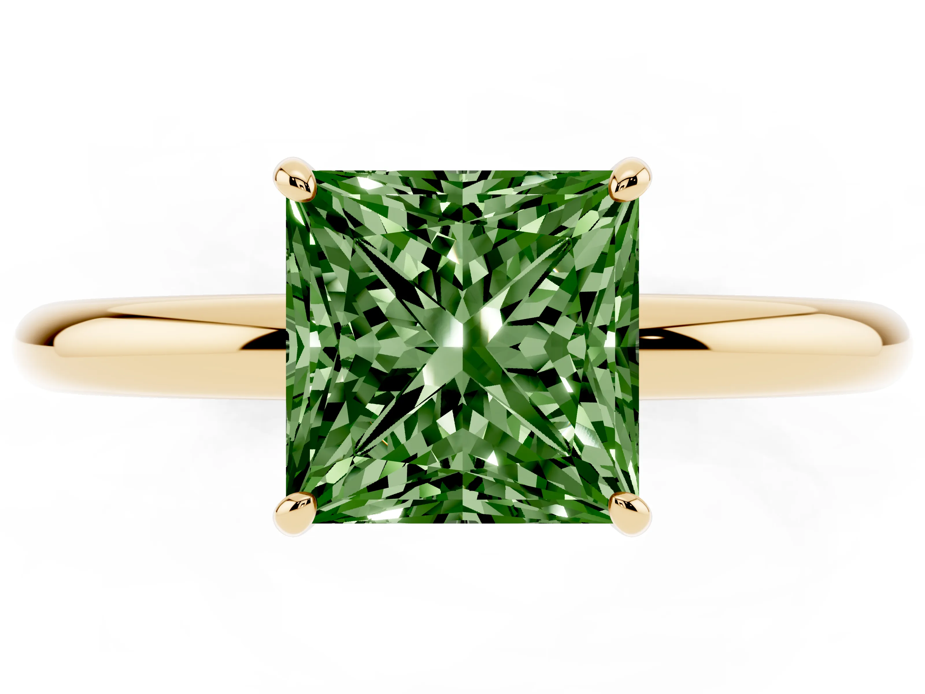 Fancy Green Princess Cut Diamond Solitaire Ring Set in Yellow gold with Prong Setting on a Polished Plain Band