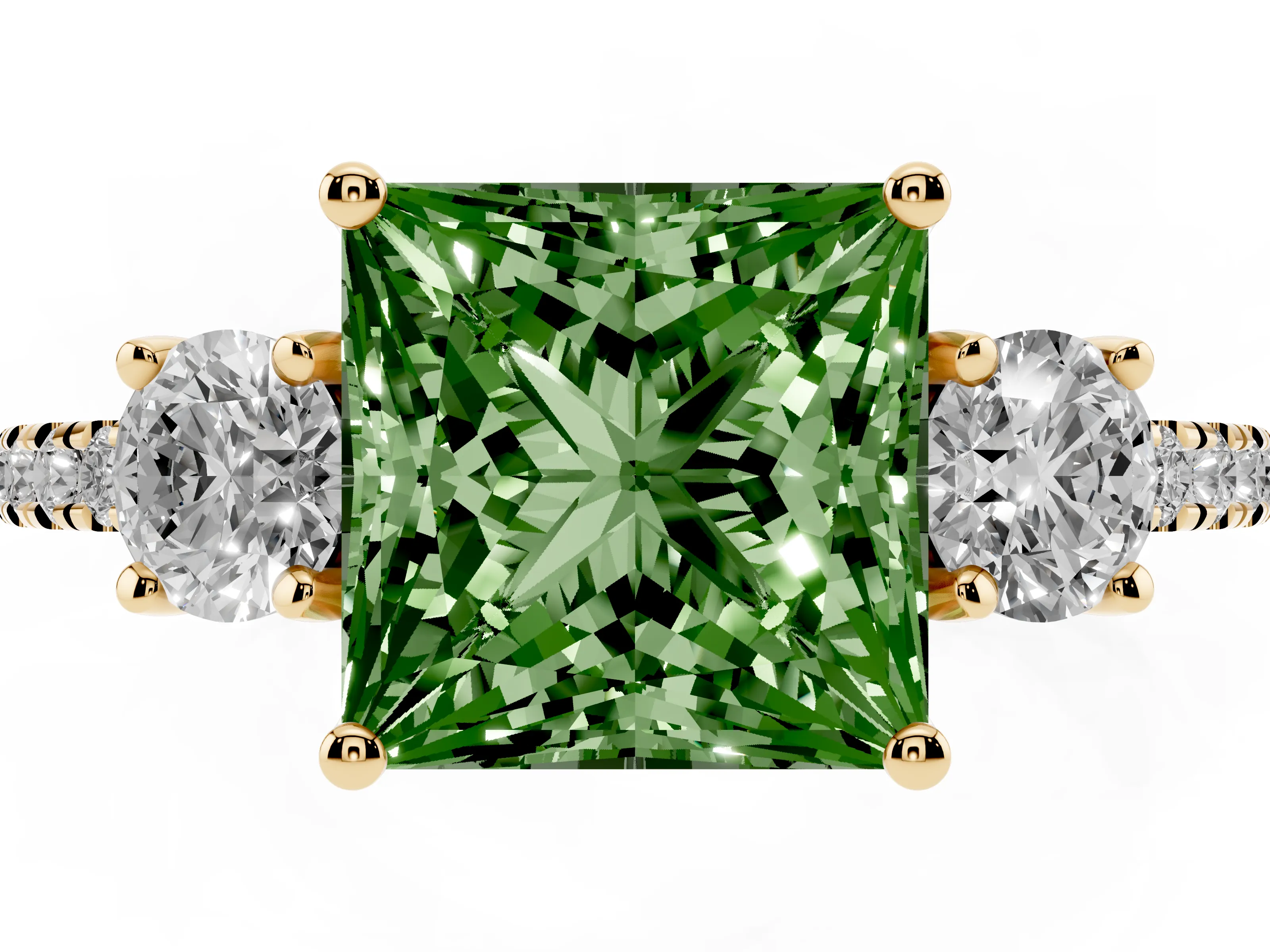 Fancy Green Princess Cut Diamond Three-Stone Ring Set in Yellow gold with Pavé Band and Graduated Sides