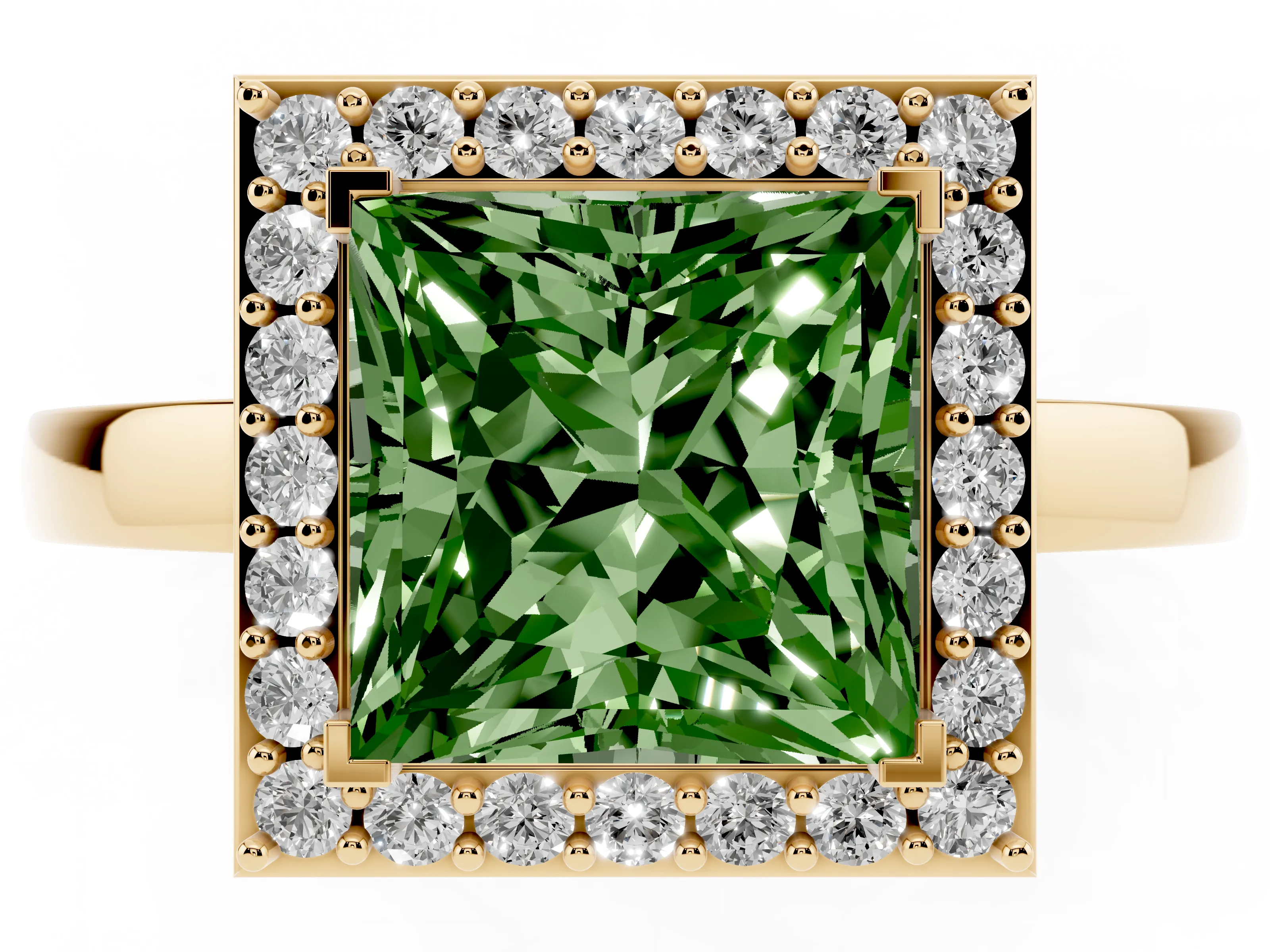Fancy Green Princess Cut Diamond Halo Ring Set in Yellow gold with Solitaire Band and Prong Setting