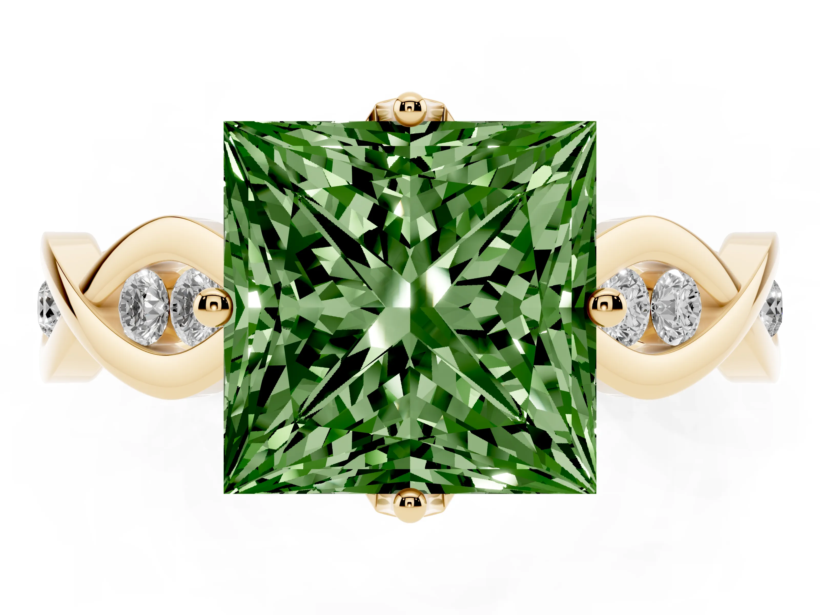 Fancy Green Princess Cut Diamond Twist Band Solitaire Ring Set in Yellow gold with Leaf Prong Setting and Accent Stones