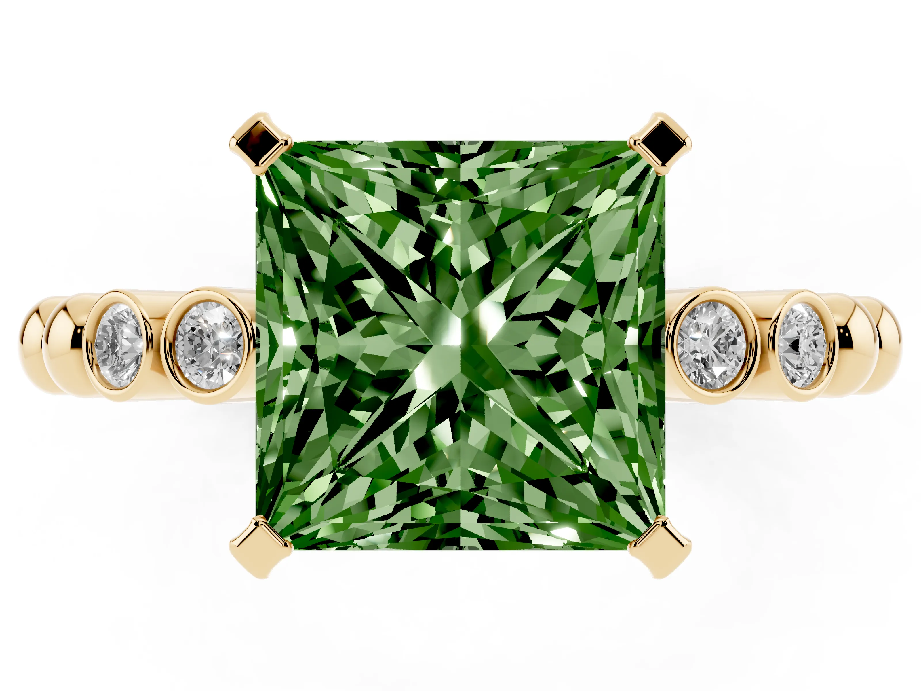 Fancy Green Princess Cut Diamond Solitaire Engagement Ring Set in Yellow gold with Bezel Accents on Beaded Band