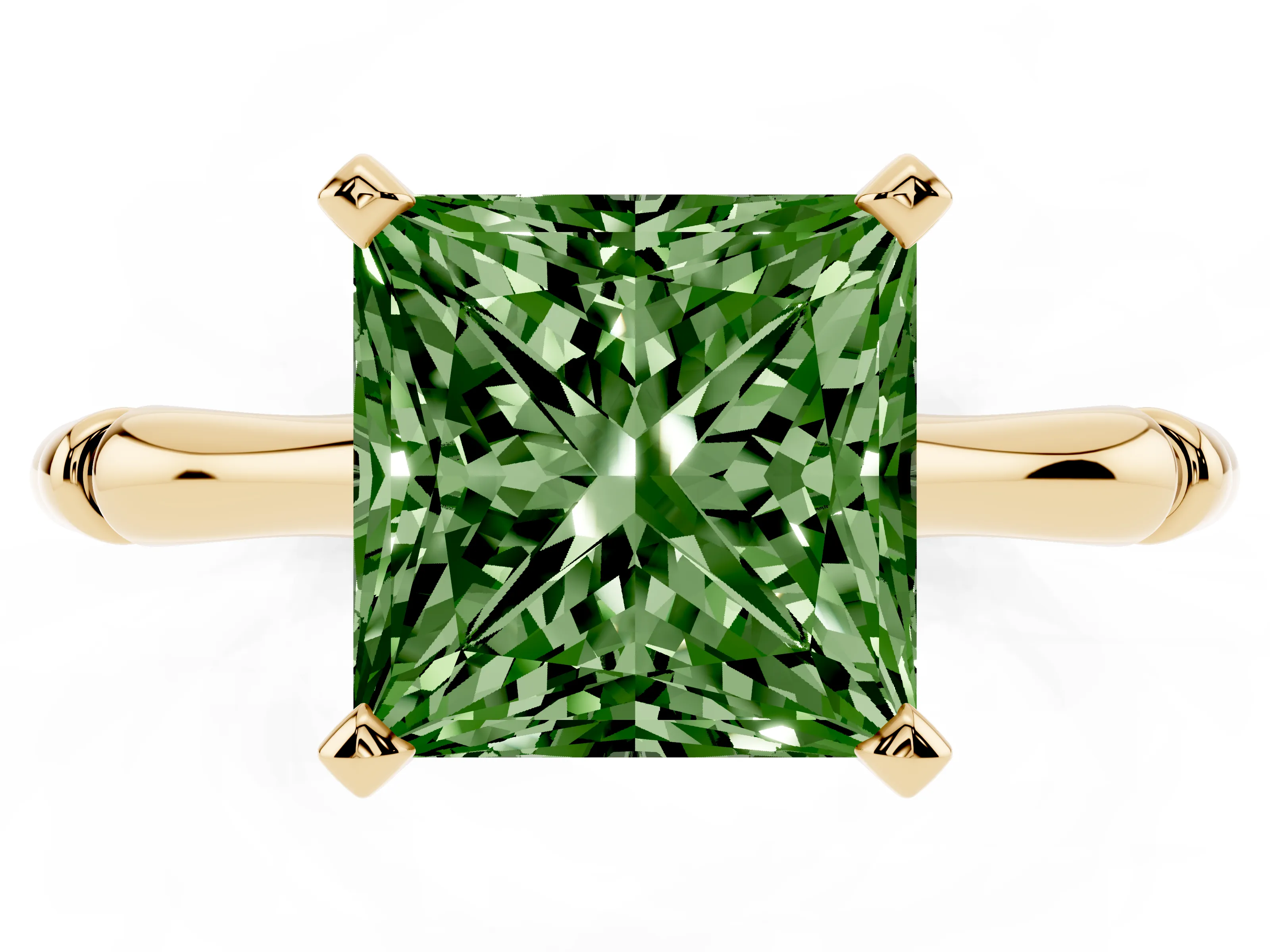 Fancy Green Princess Cut Diamond Solitaire Ring Set in Yellow gold with Bamboo Band and Prong Setting