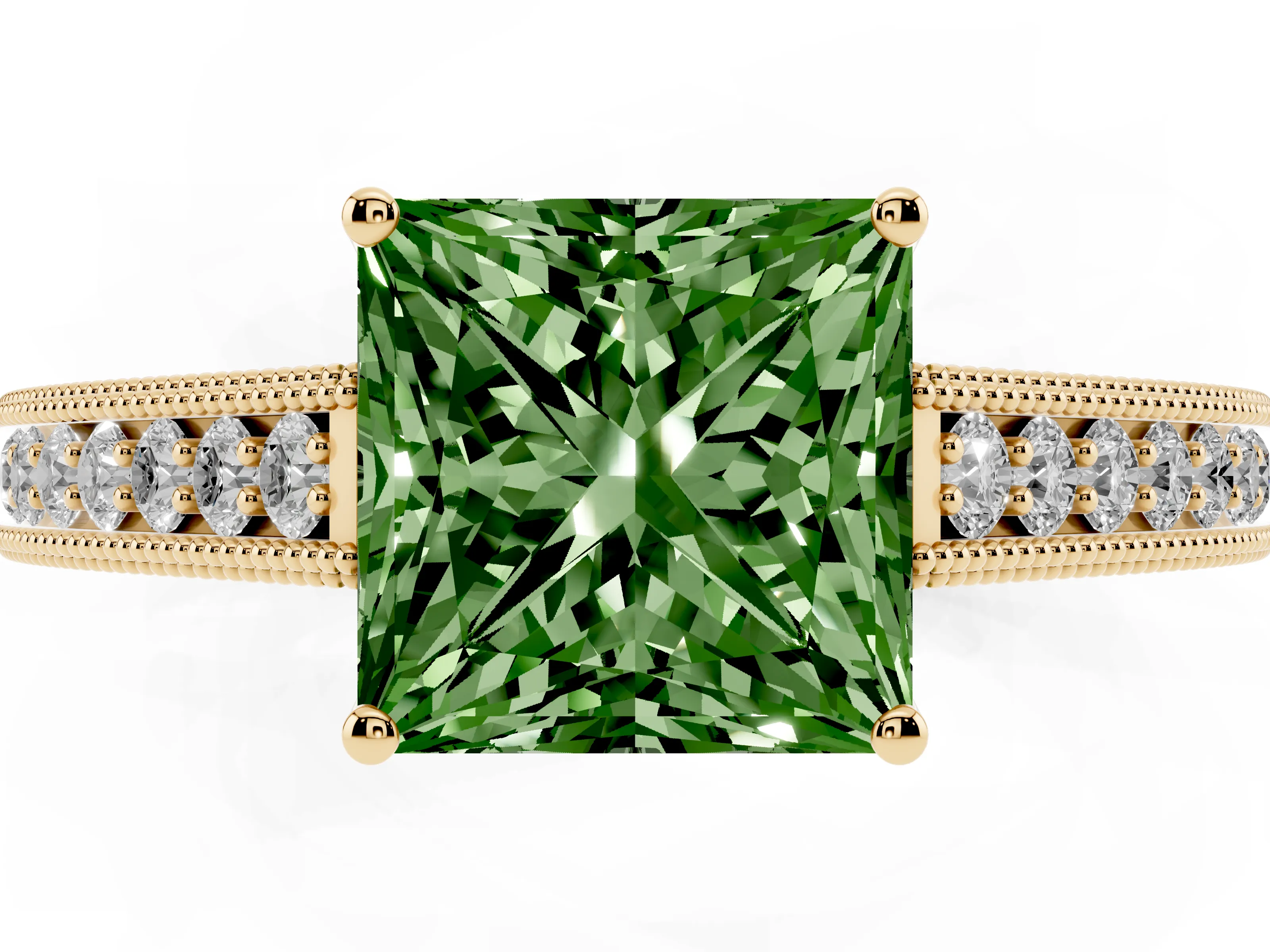 Fancy Green Princess Cut Diamond Milgrain Pavé Band Solitaire Ring Set in Yellow gold with Prong Setting