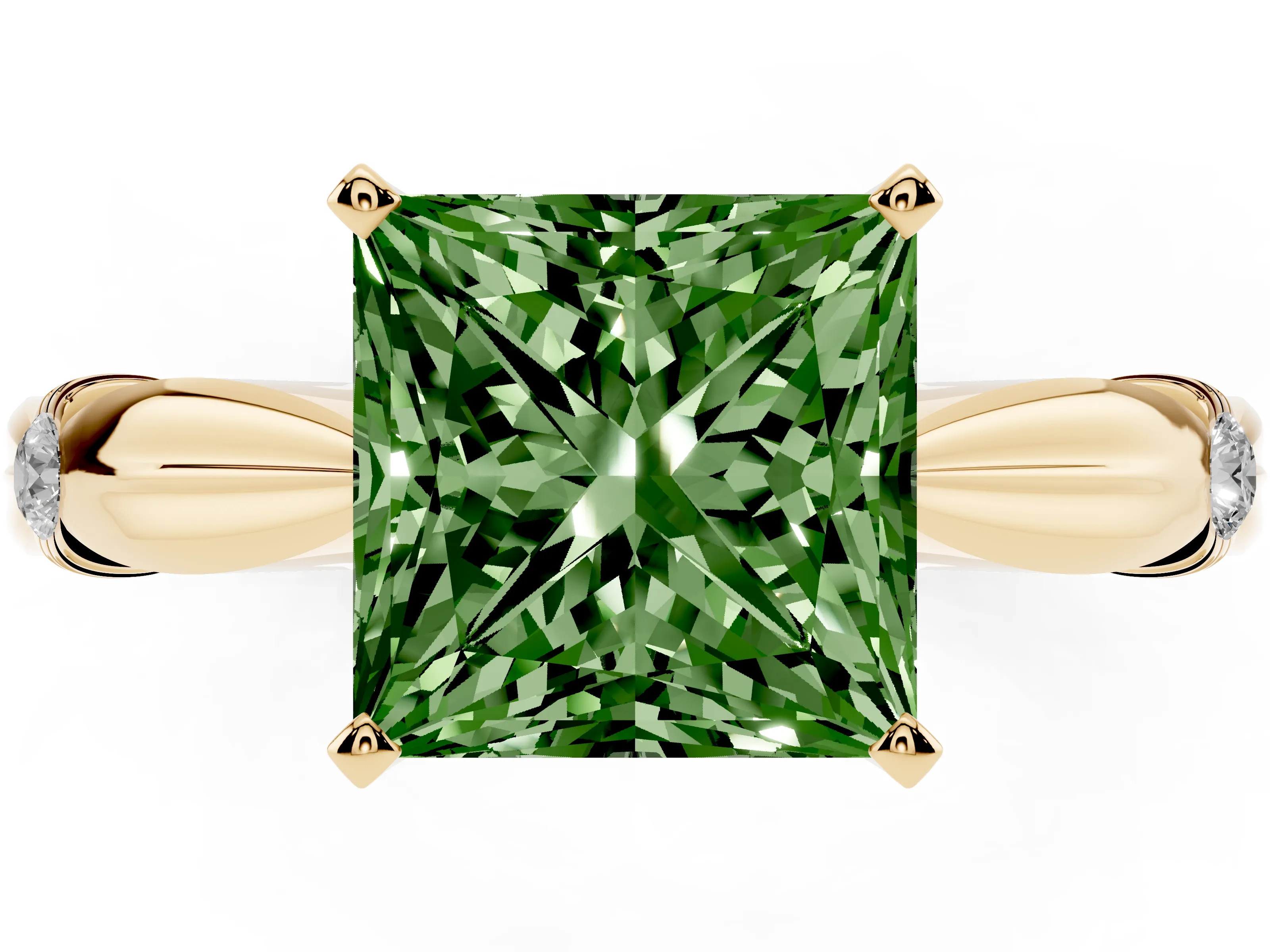 Fancy Green Princess Cut Diamond Solitaire Twisted Band Ring Set in Yellow gold with Accent Stones and Prong Setting