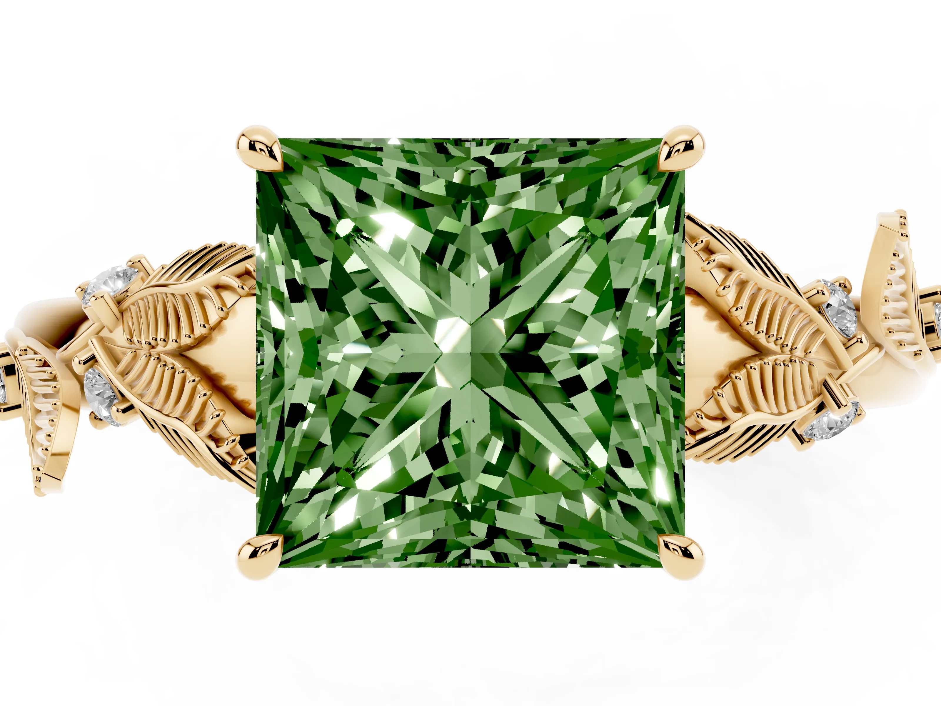 Fancy Green Princess Cut Diamond Solitaire Ring Set in Yellow gold with Leaf Motif Band