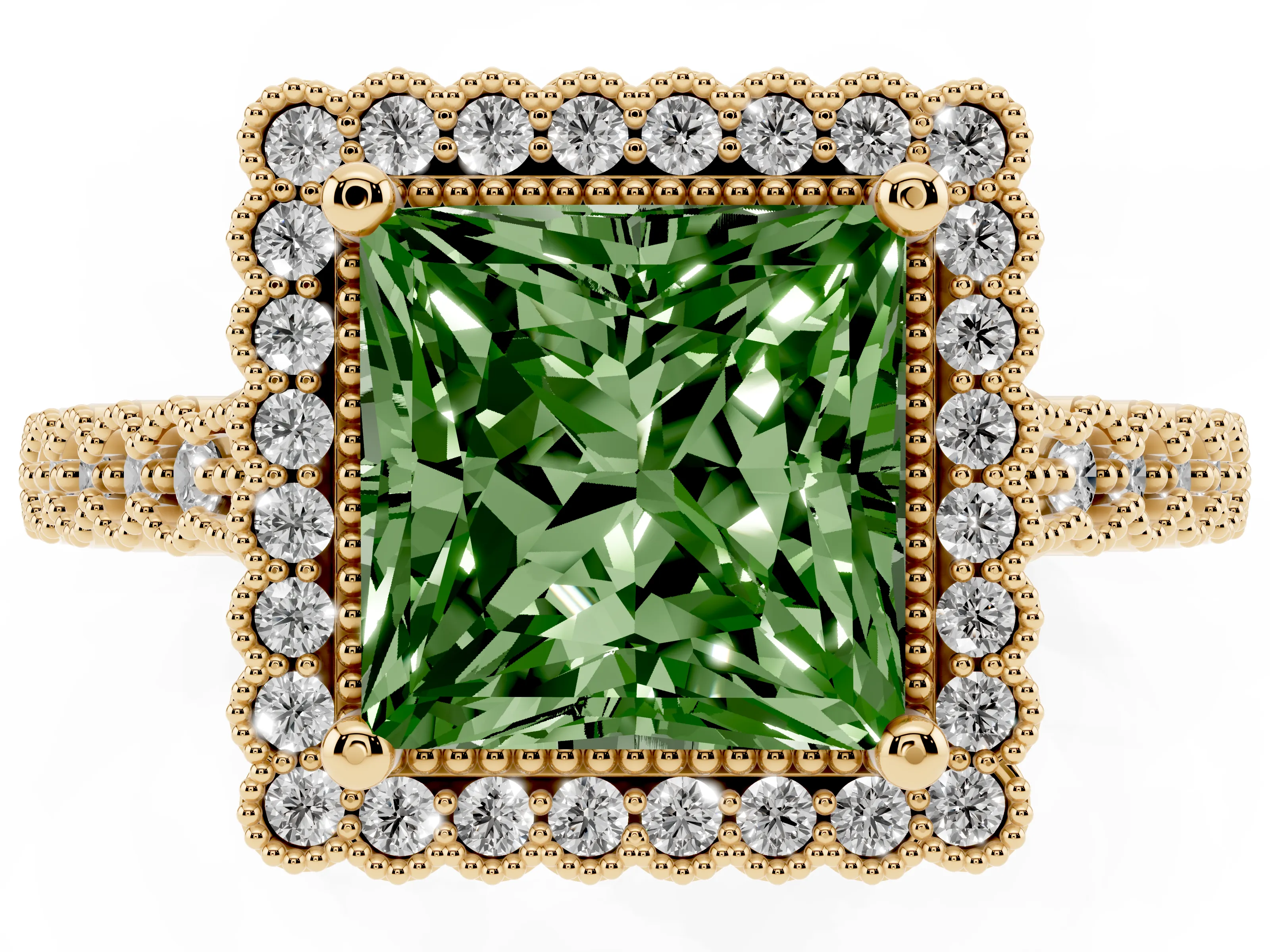 Fancy Green Princess Cut Diamond Halo Ring Set in Yellow gold with Pavé Milgrain Band