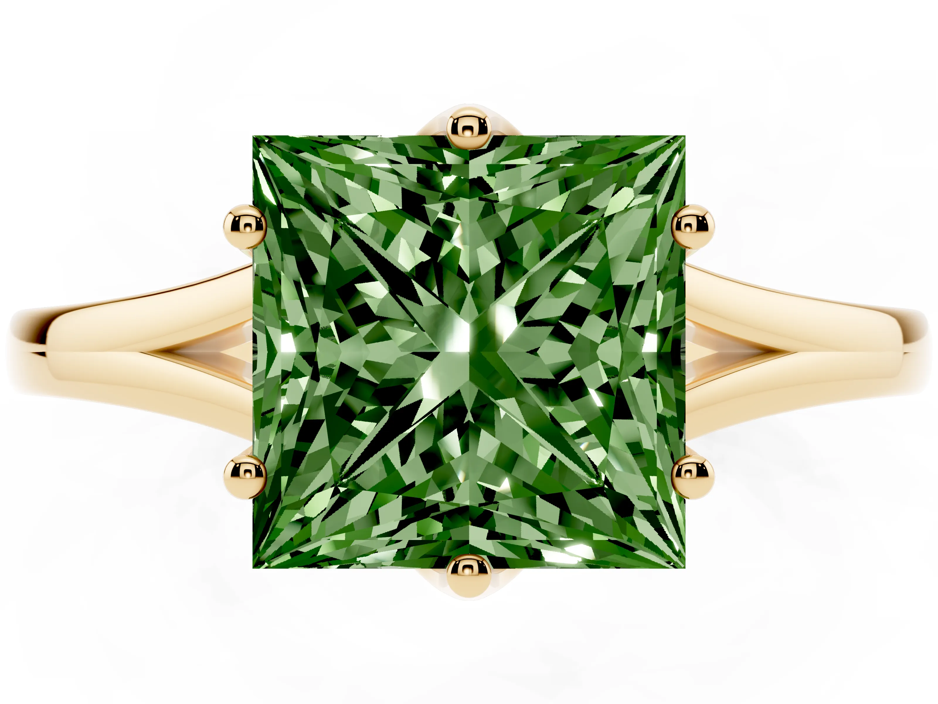 Fancy Green Princess Cut Diamond Solitaire Ring Set in Yellow gold with Polished Tapered Band and Prong Setting