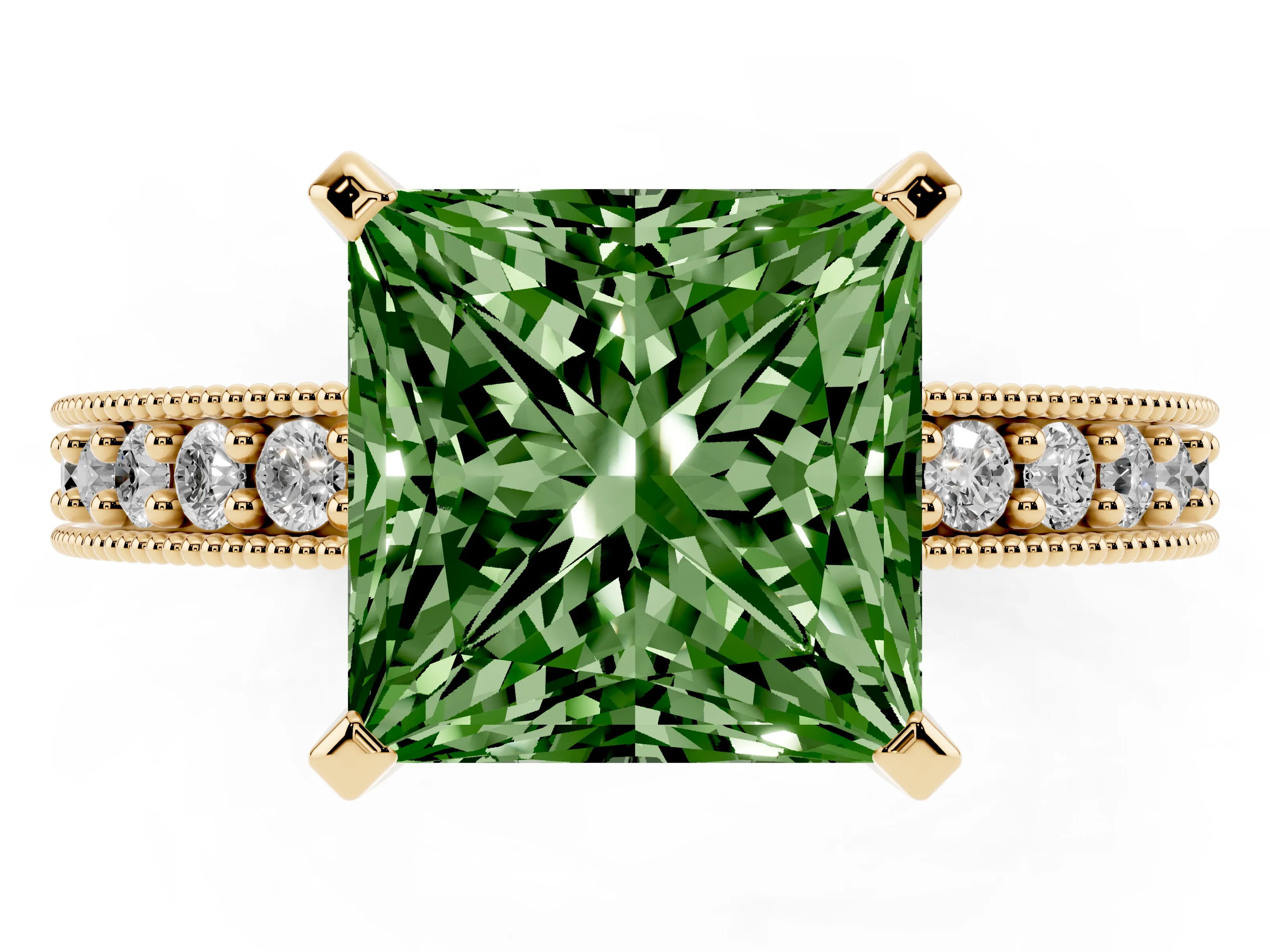Fancy Green Princess Cut Diamond Milgrain Pavé Engagement Ring Set in Yellow gold with Prong Setting