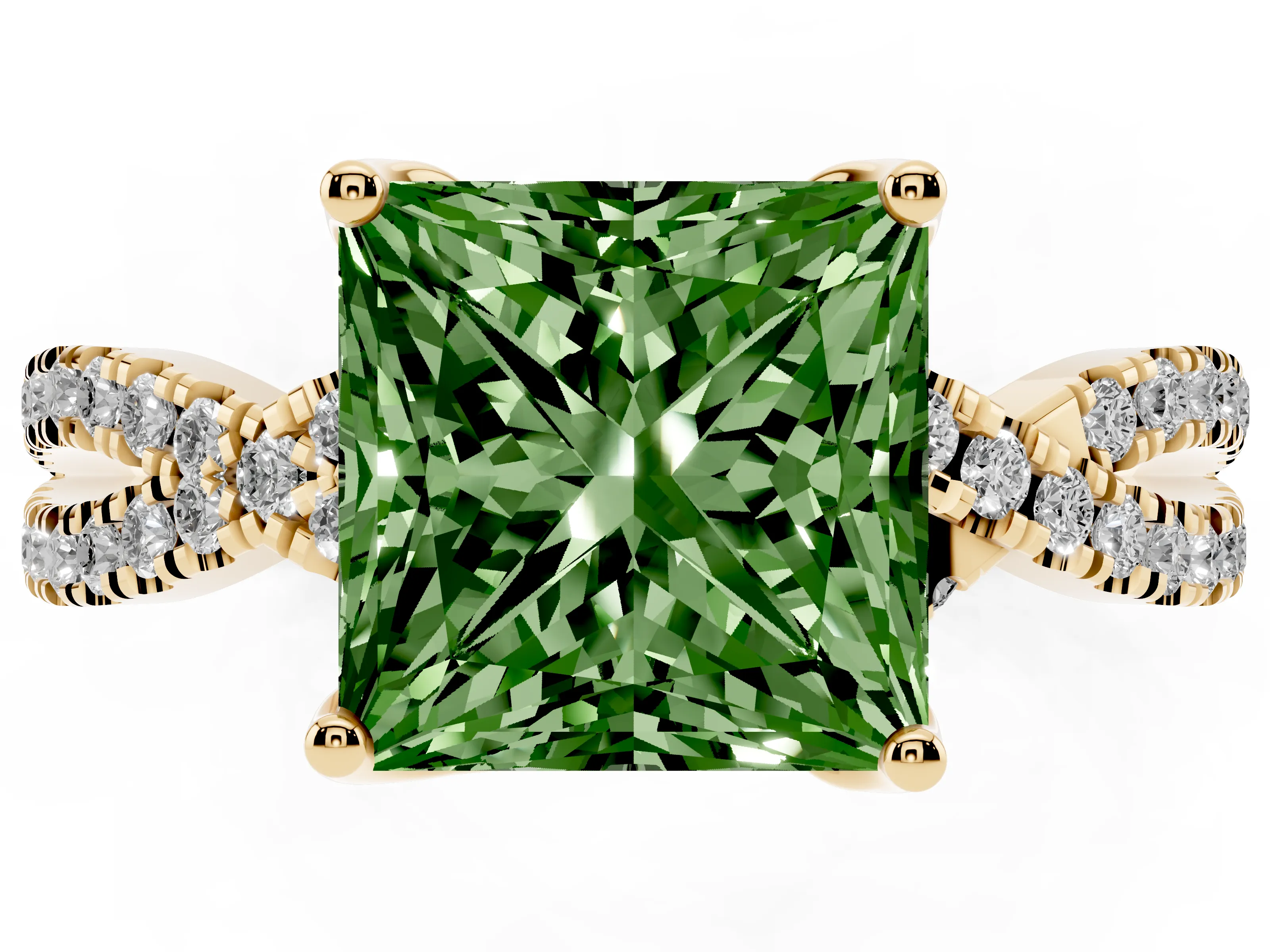 Fancy Green Princess Cut Diamond Twist Pavé Solitaire Engagement Ring Set in Yellow gold with Prong Setting