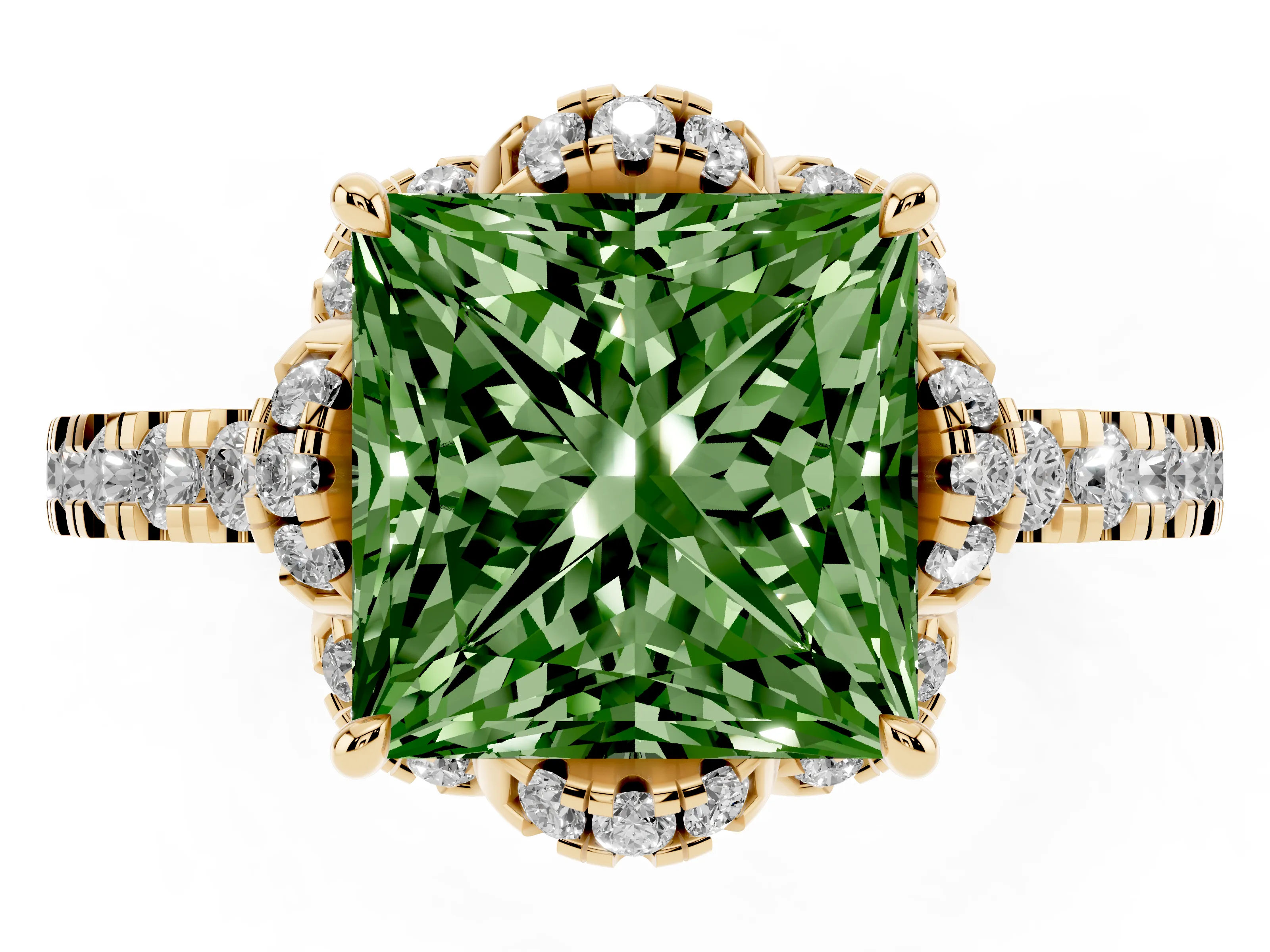 Fancy Green Princess Cut Diamond Halo Pavé Band Ring Set in Yellow gold with Prong-Held Center