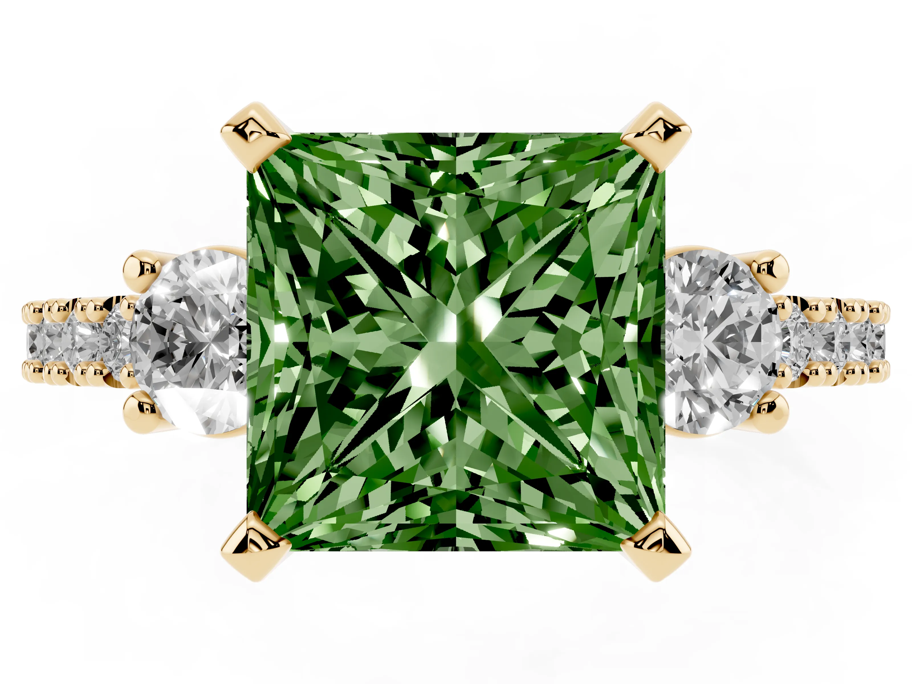 Fancy Green Three-Stone Princess Cut Diamond Pavé Band Ring Set in Yellow gold with Prong Setting