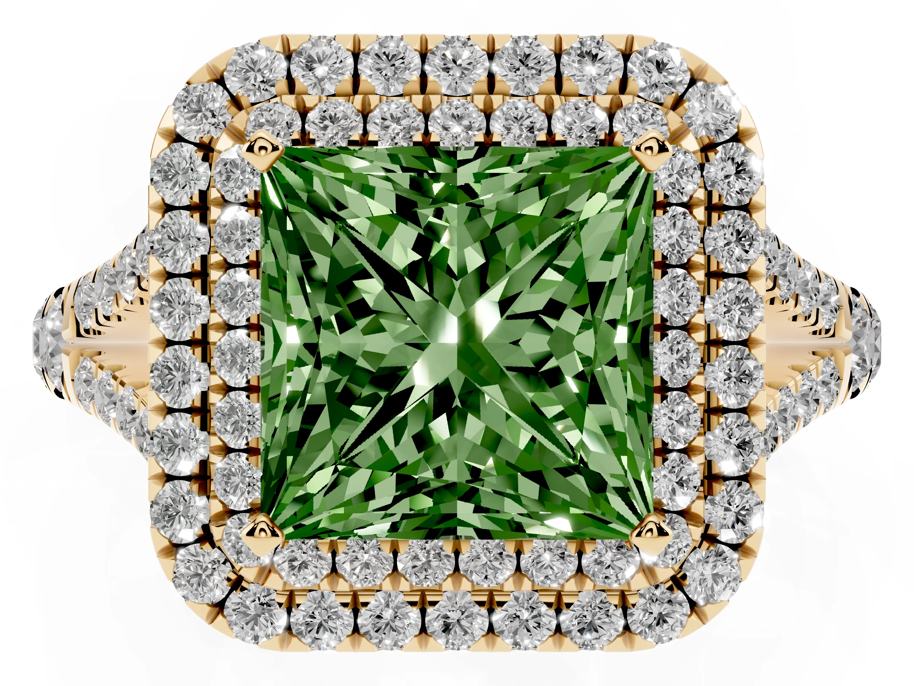Fancy Green Princess Cut Diamond Pavé Split Shank Double Halo Engagement Ring Set in Yellow gold