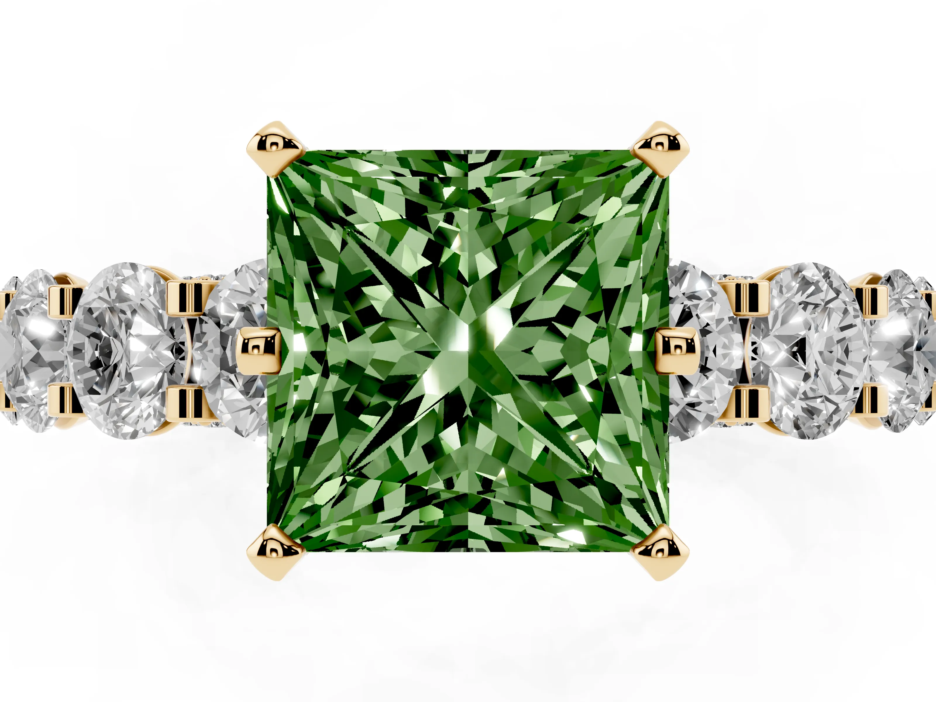 Fancy Green Princess Cut Diamond Side Stone Ring Set in Yellow gold with Alternating Round and Oval Side Stones