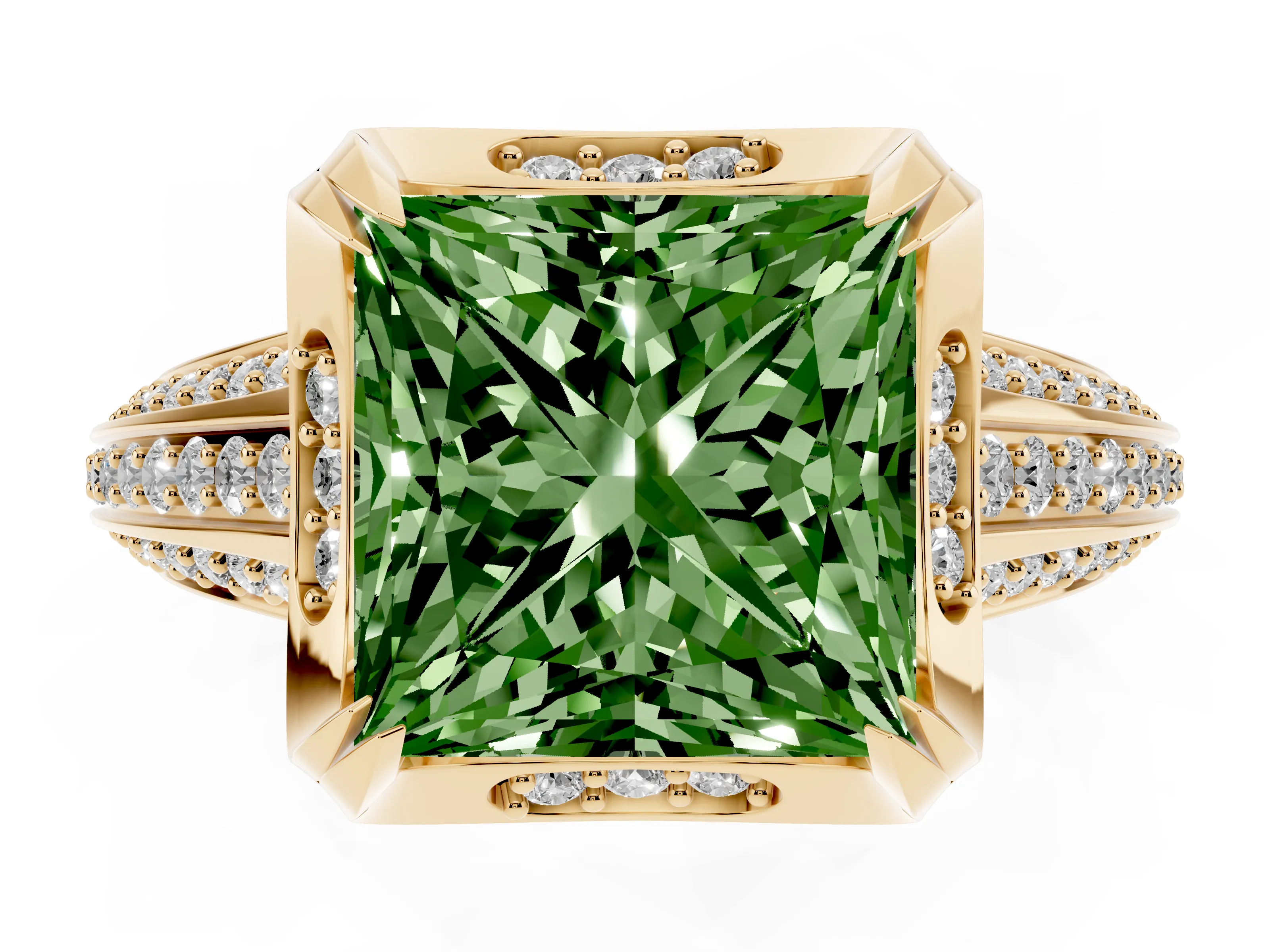 Fancy Green Princess Cut Diamond Pavé Split Shank Solitaire Ring Set in Yellow gold with Prong Setting