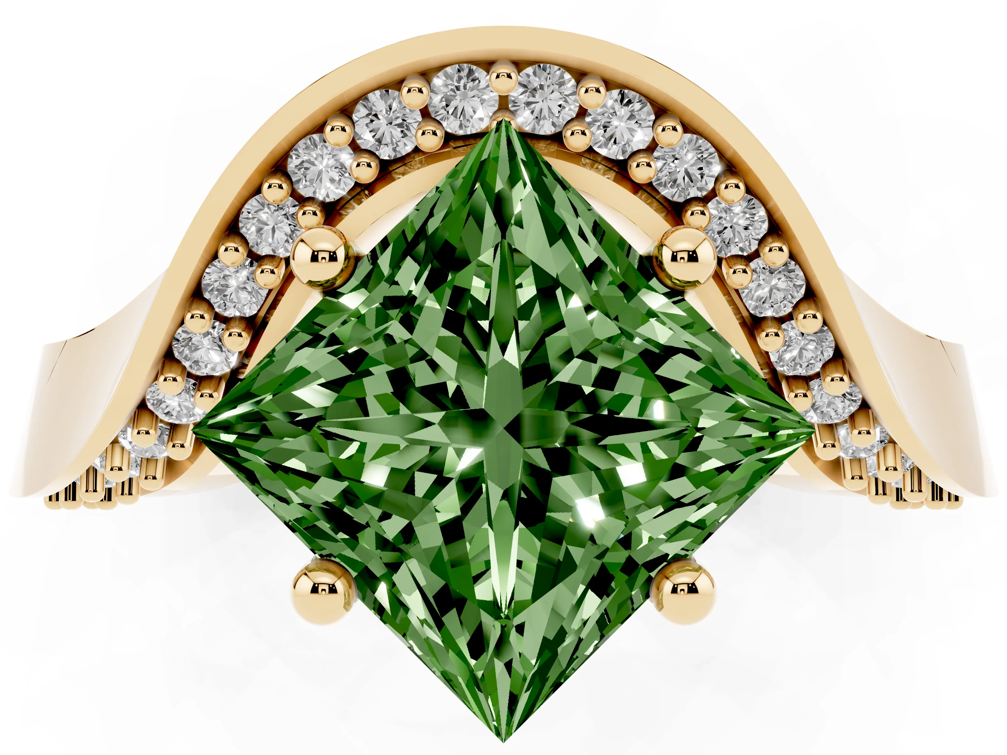 Fancy Green Princess Cut Diamond Solitaire Engagement Ring Set in Yellow gold with Pavé Shoulders