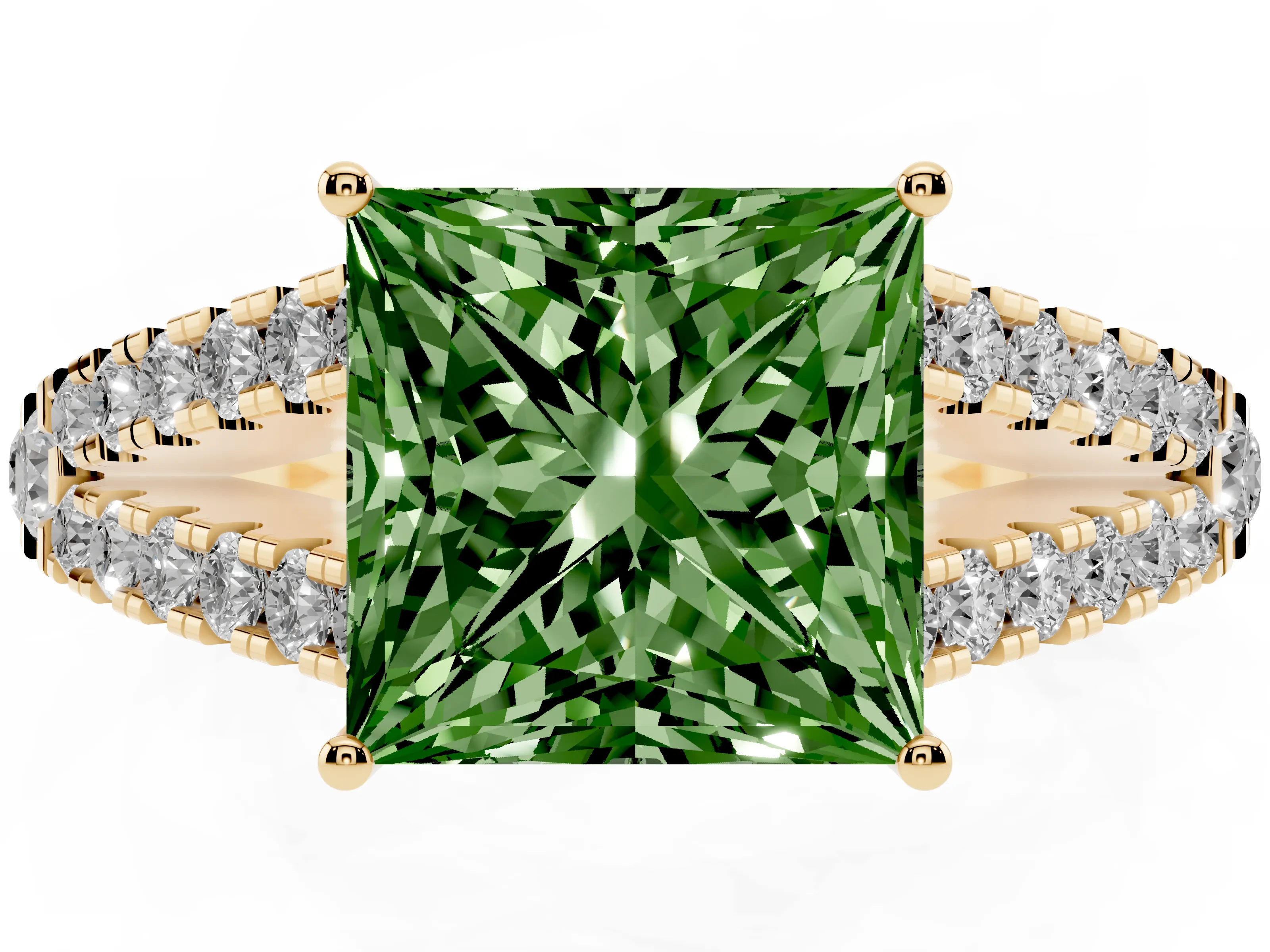 Fancy Green Princess Cut Diamond Split Shank Pavé Engagement Ring Set in Yellow gold with Prong-Held Center Stone