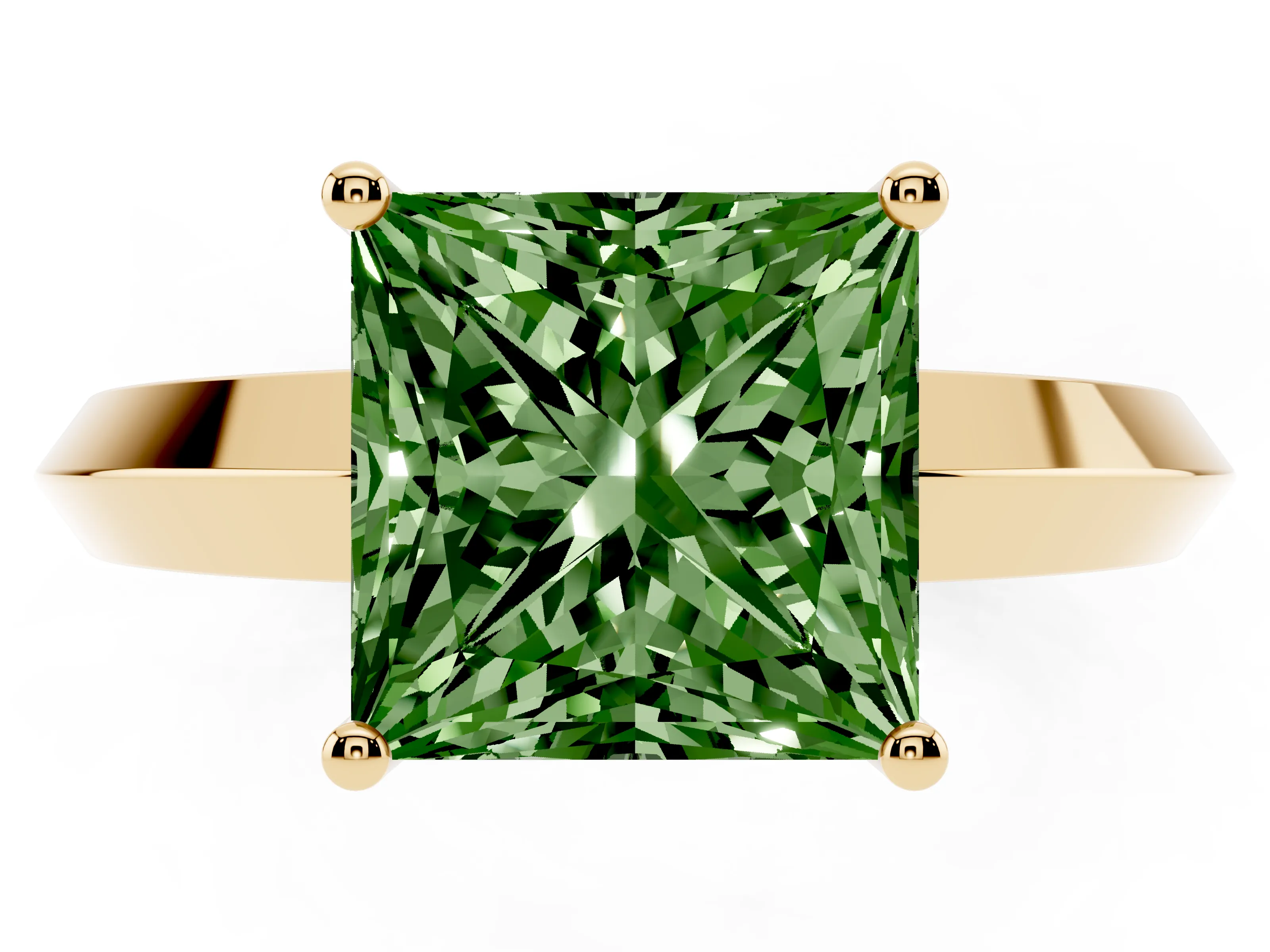 Fancy Green Princess Cut Diamond Solitaire Engagement Ring Set in Yellow gold with Flat Band and Prong Setting