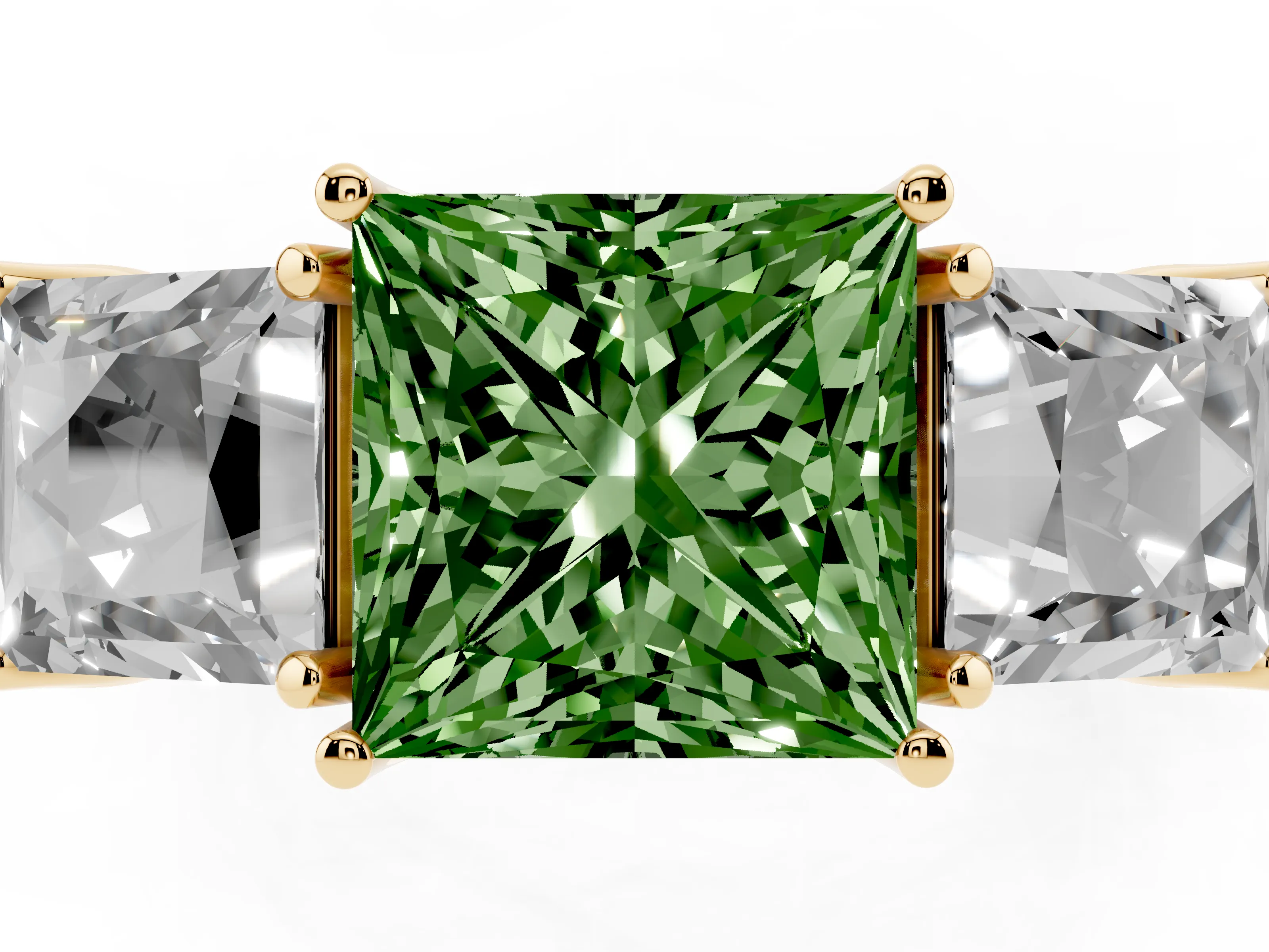 Fancy Green Princess Cut Diamond Three-Stone Engagement Ring Set in Yellow gold with Milgrain Pavé Band