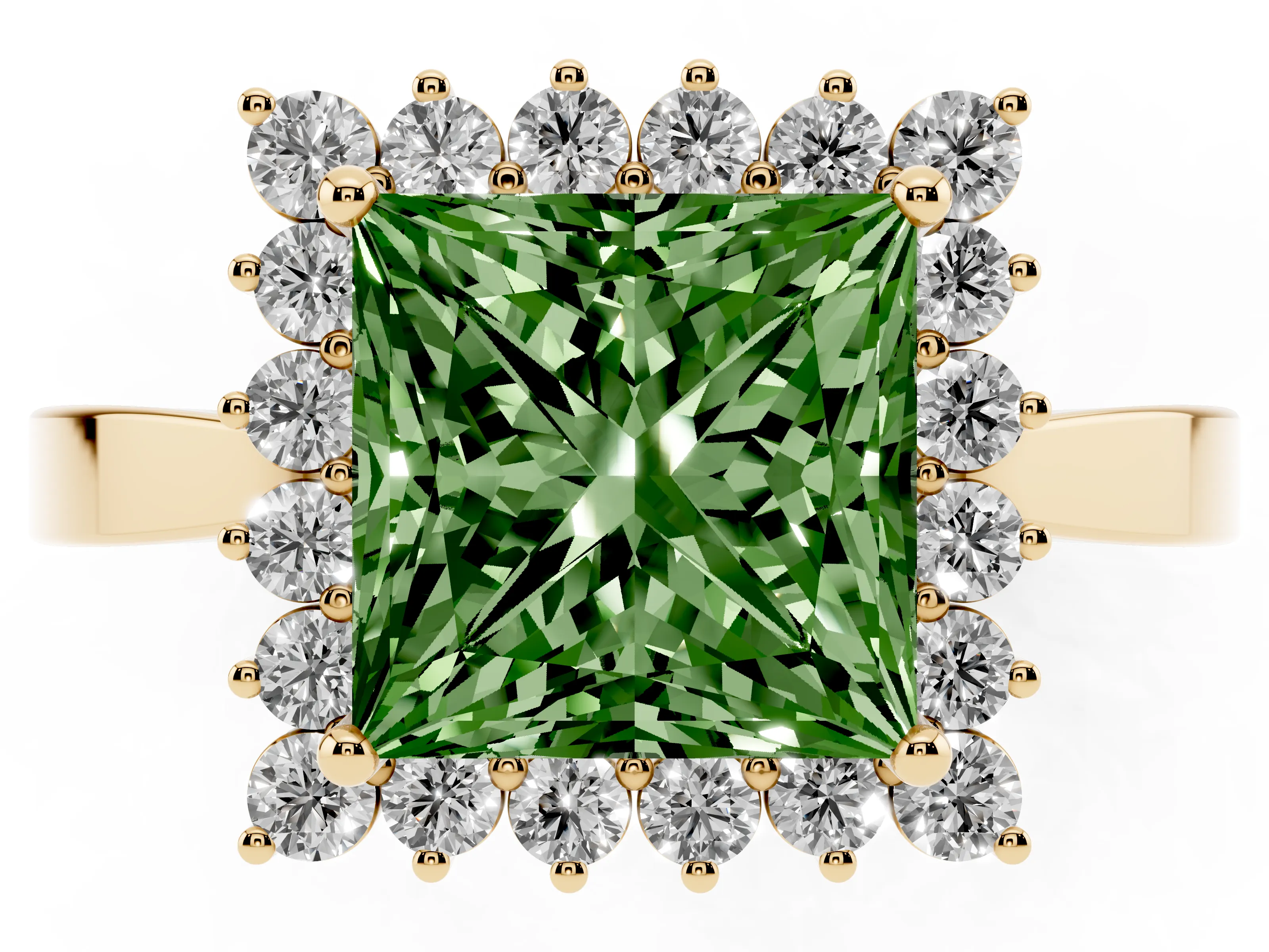 Fancy Green Princess Cut Diamond Halo Ring Set in Yellow gold with Round Halo and Smooth Solitaire Band